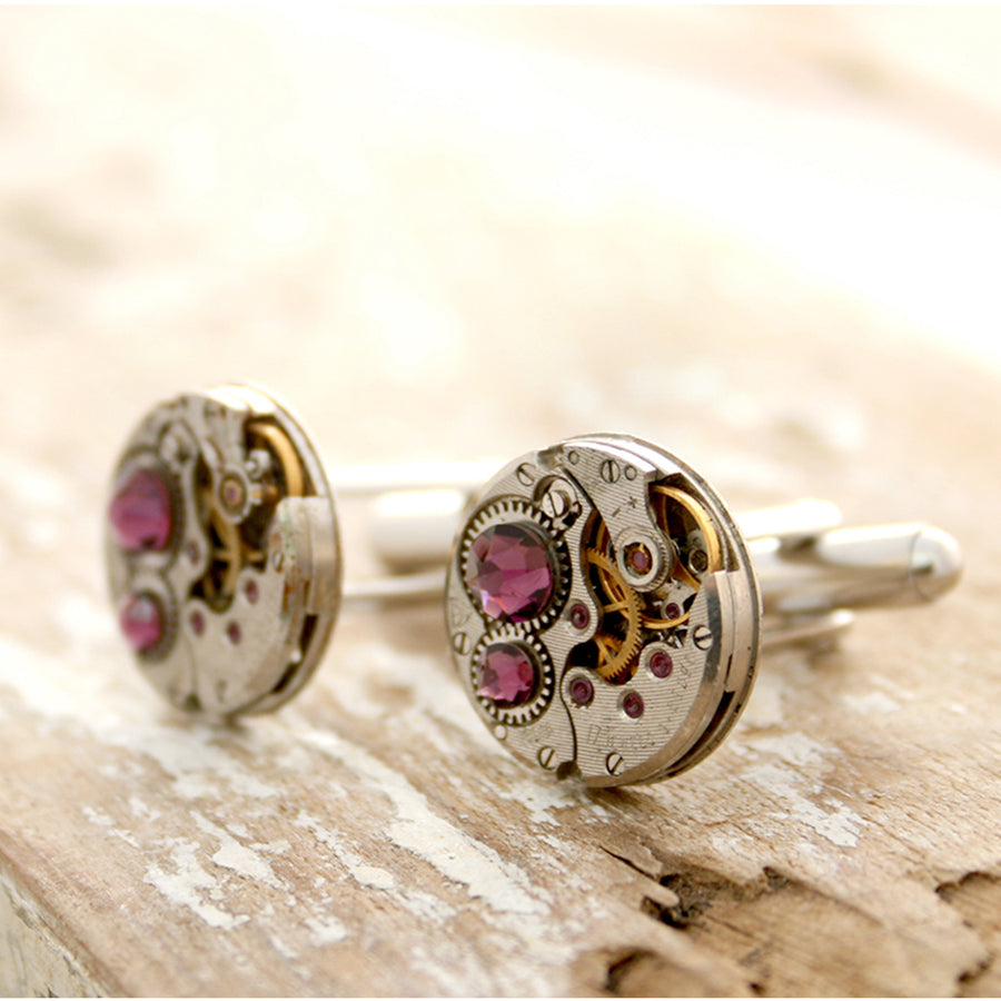 birthstone cufflinks in steampunk style featuring antique watch movements and Amethyst crystals