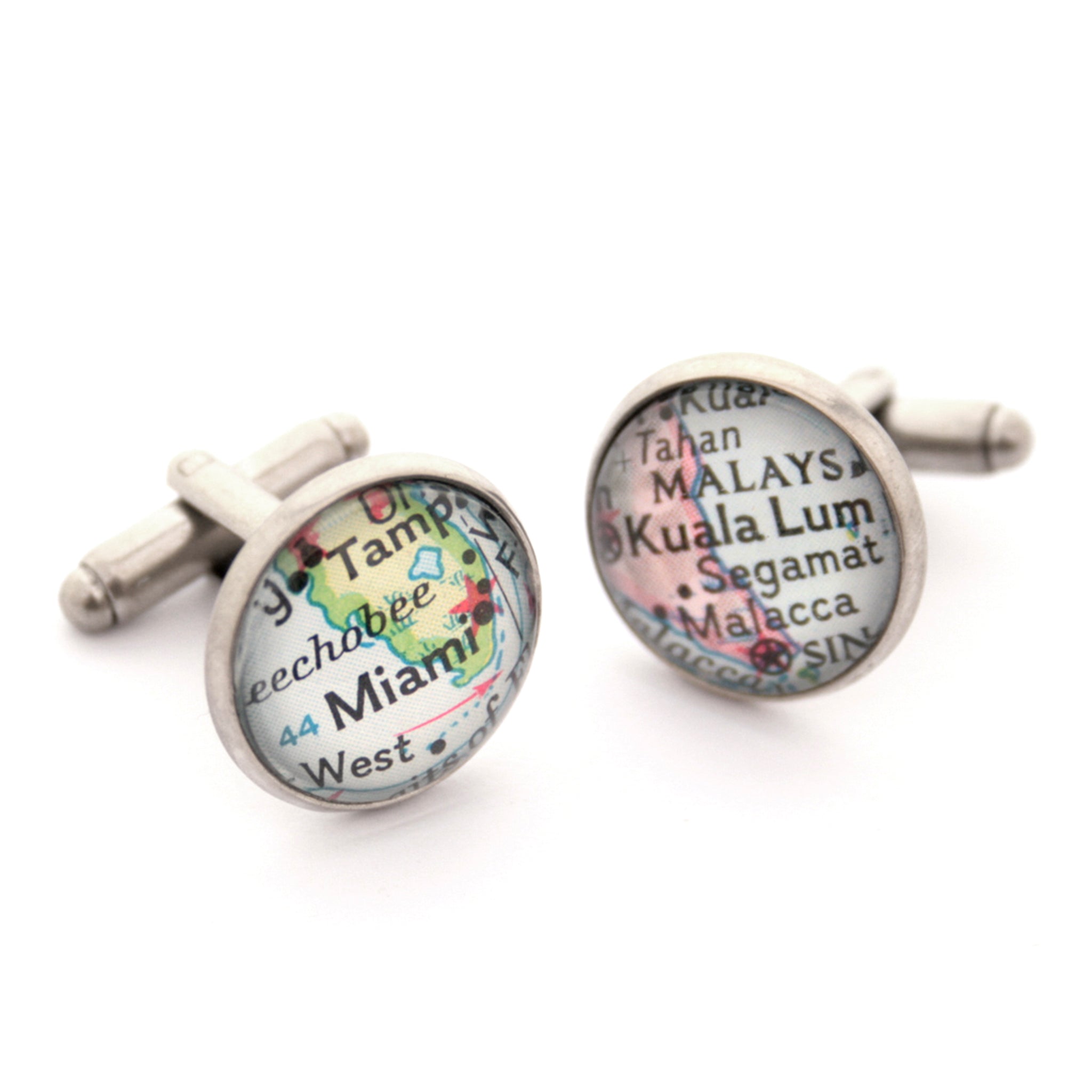 Personalised map cufflinks in antique silver colour featuring Kuala Lumpur and Miami