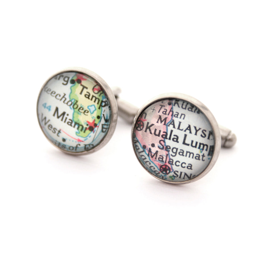 Personalised map cufflinks in antique silver colour featuring Kuala Lumpur and Miami