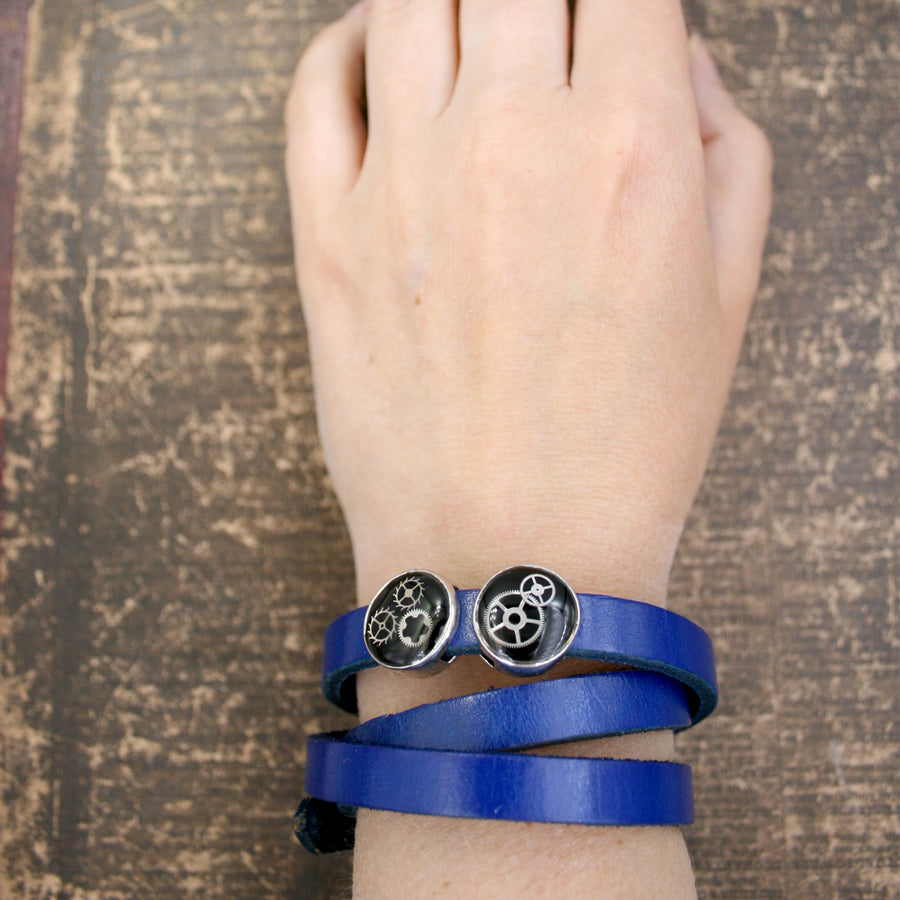 Blue Steampunk Leather Wrap Bracelet with black beads