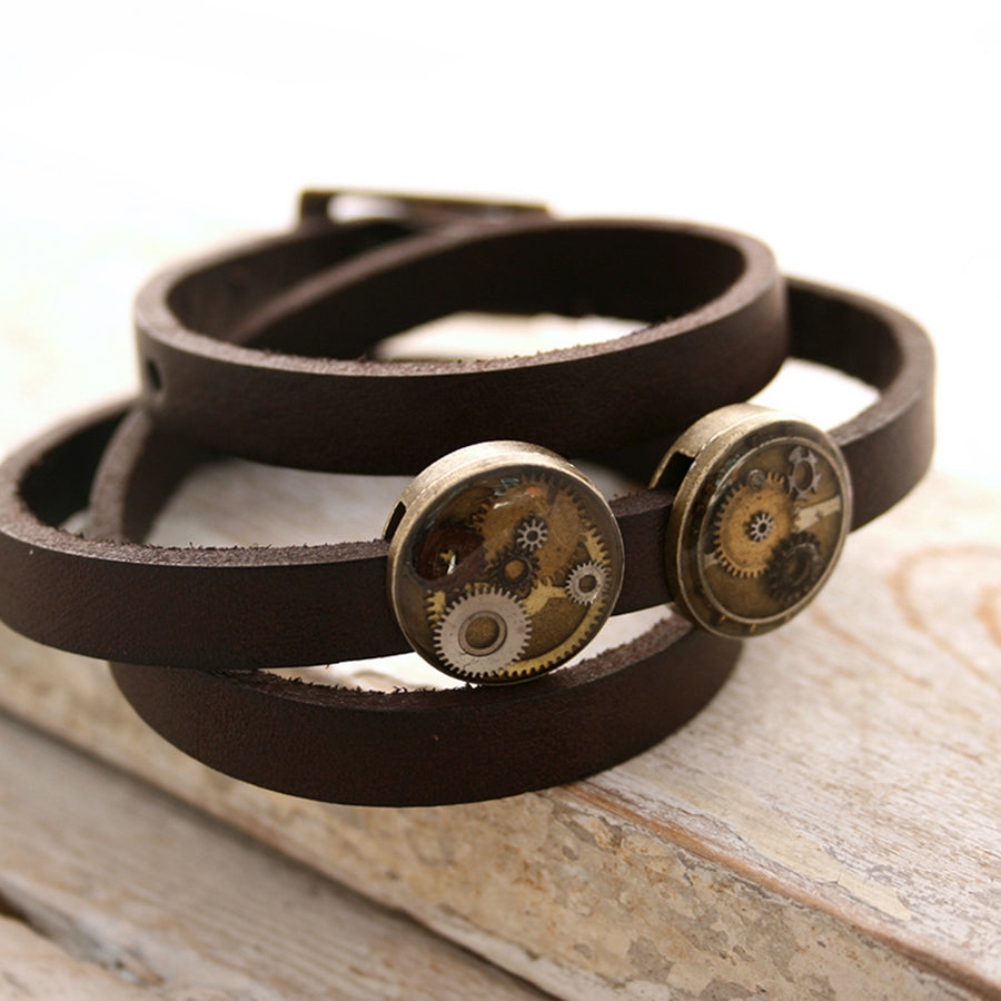 Dark Brown Steampunk Triple Wrap Leather Bracelet with brown beads