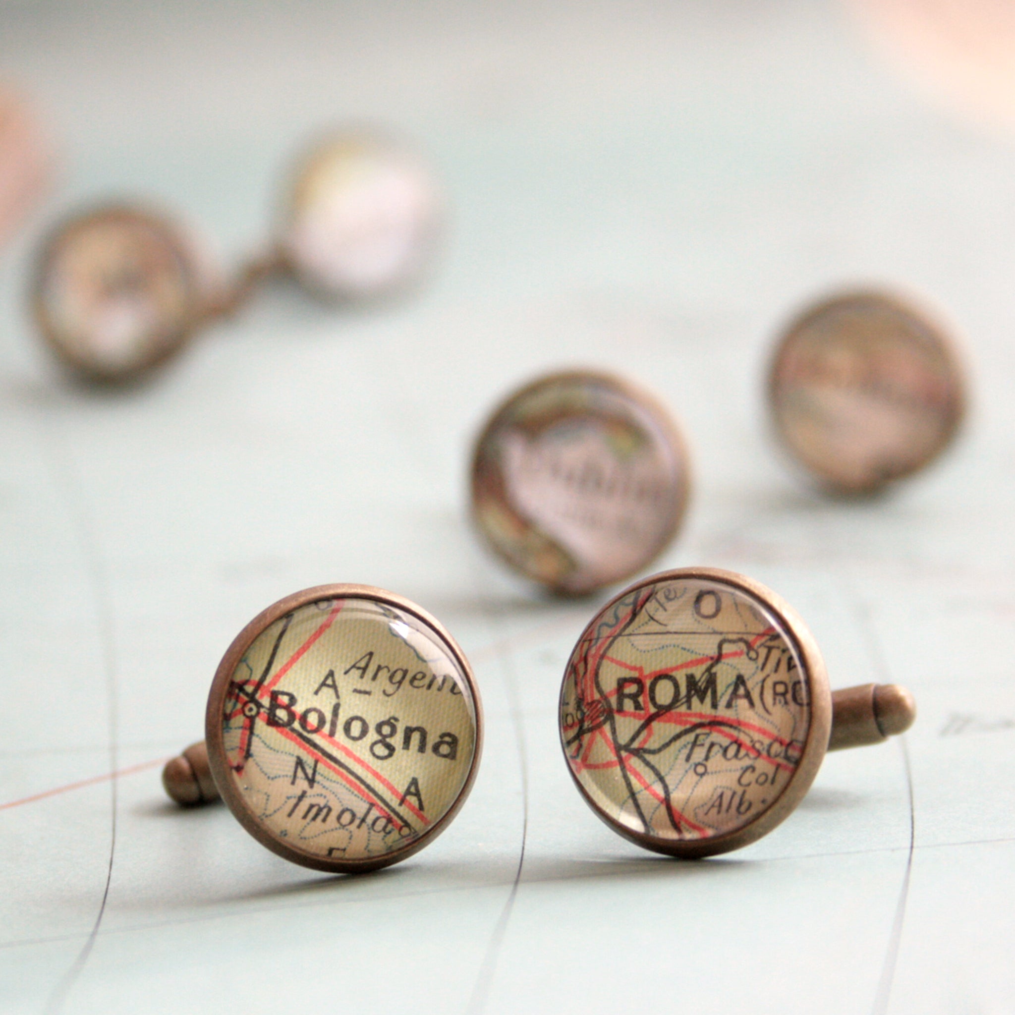 Personalised map cufflinks in antique bronze color featuring custom maps
