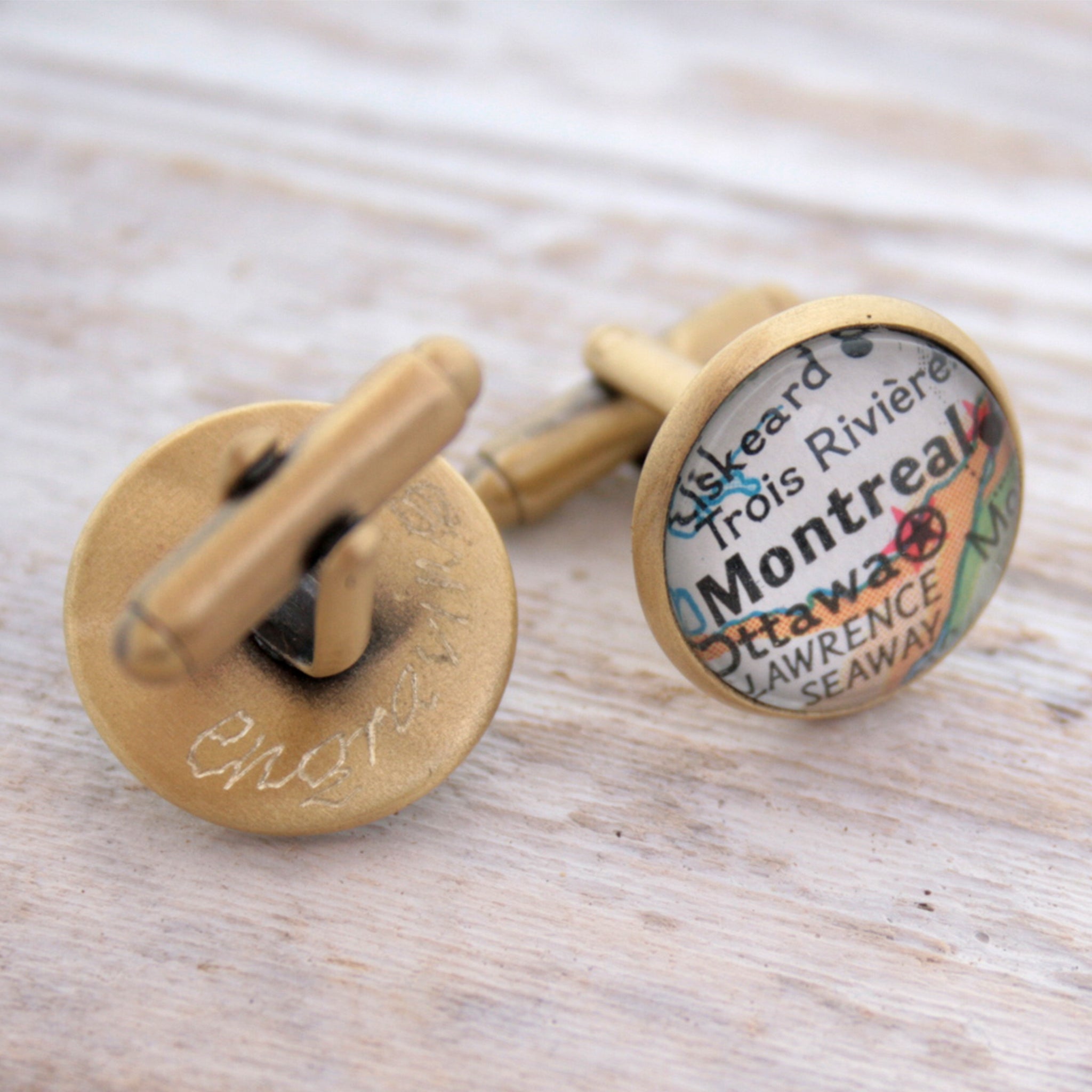 Personalised, engraved map cufflinks in brushed bronze color featuring maps of  Montreal
