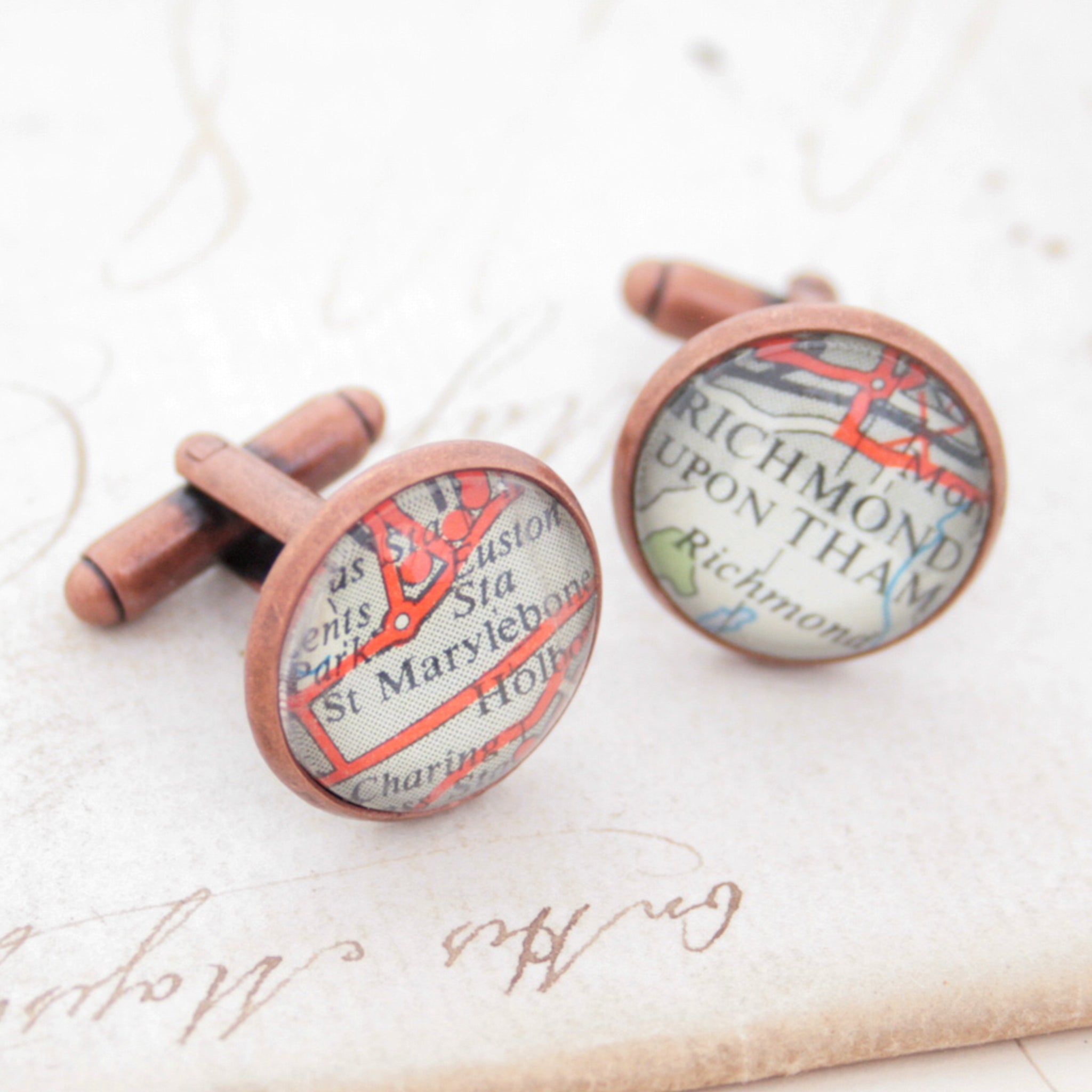 cufflinks personalised with map locations in antique copper finish
