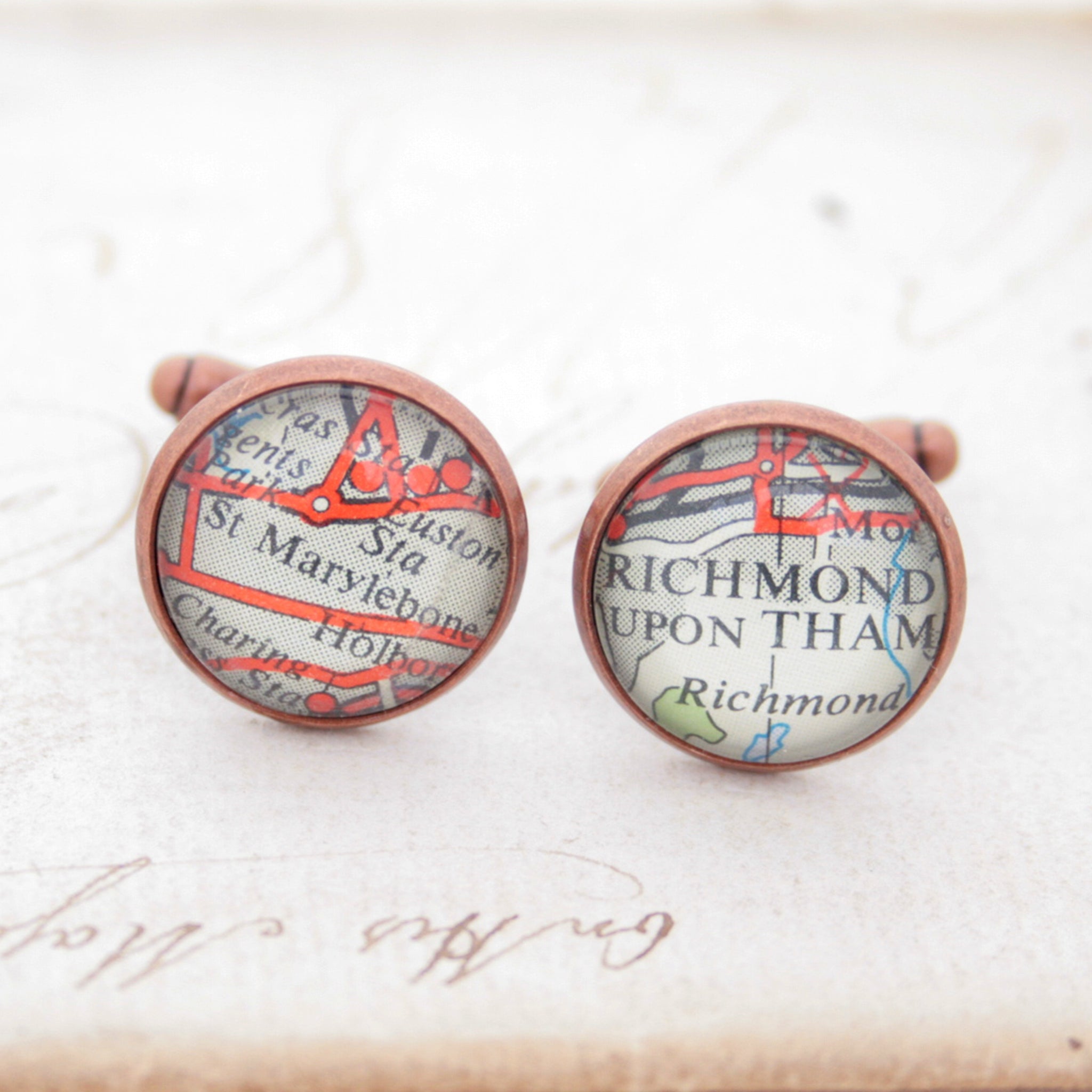 cufflinks personalised with map locations in antique copper finish