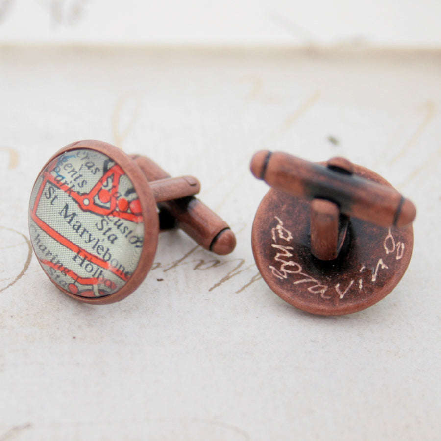 cufflinks personalised with map locations in antique copper finish