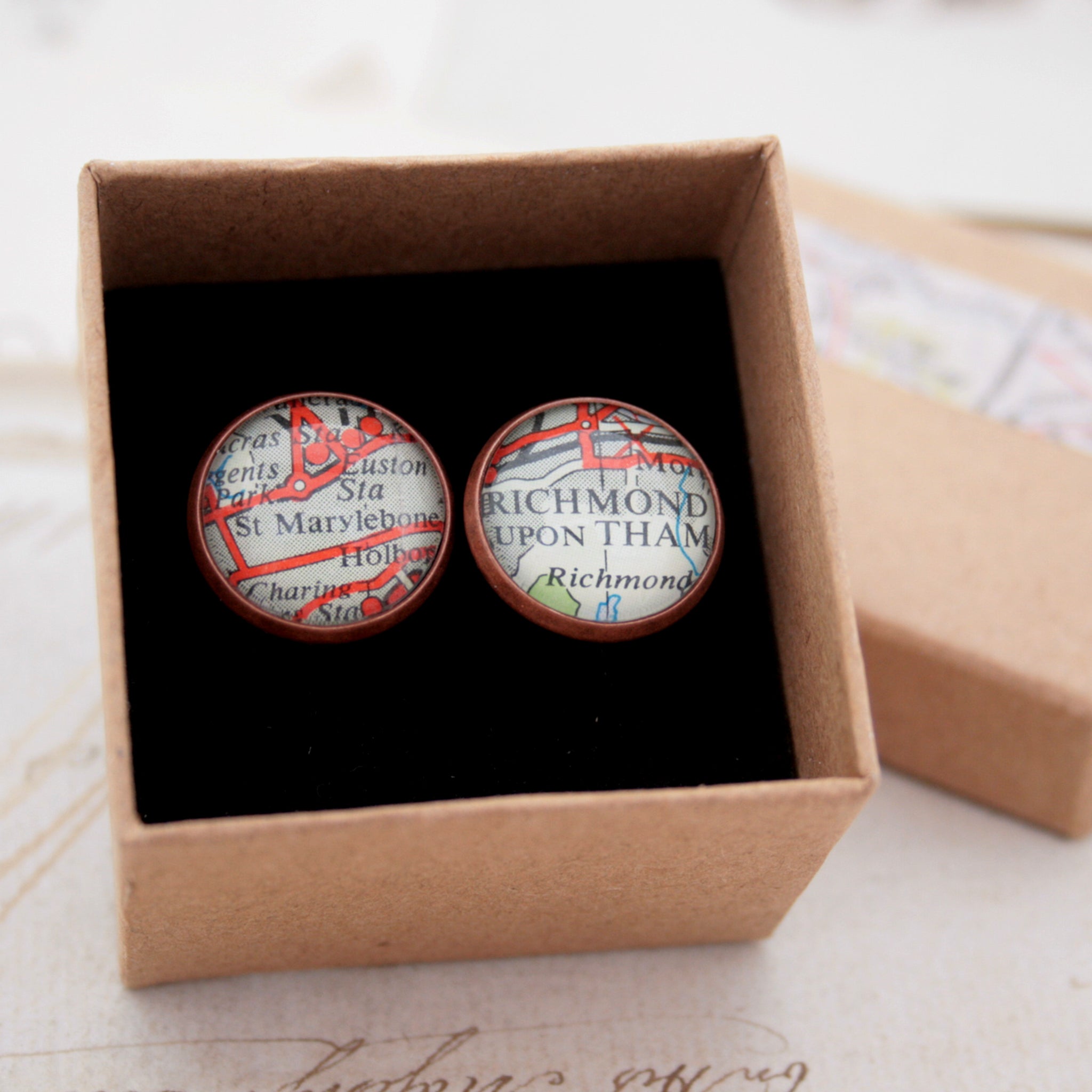 Personalised map cufflinks in copper color in a box