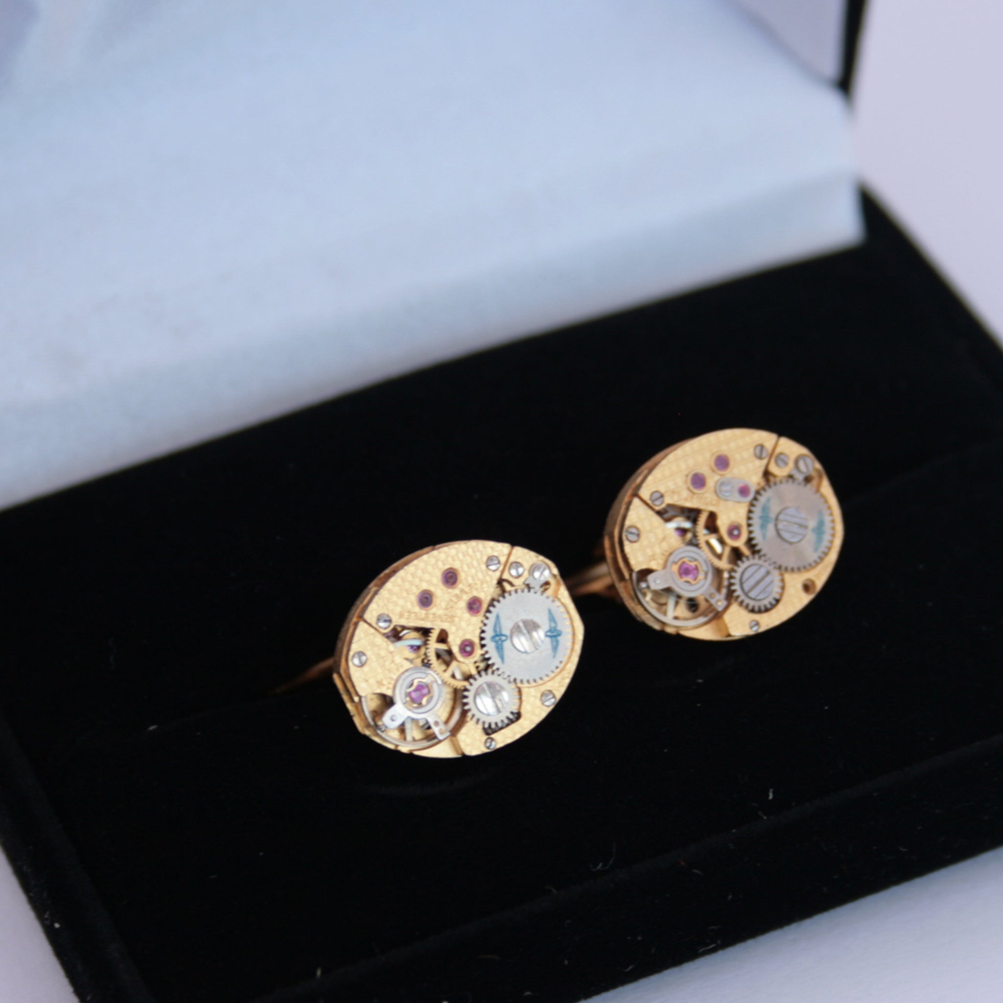 Gold Rotary Watch Cufflinks made of clockworks in a box