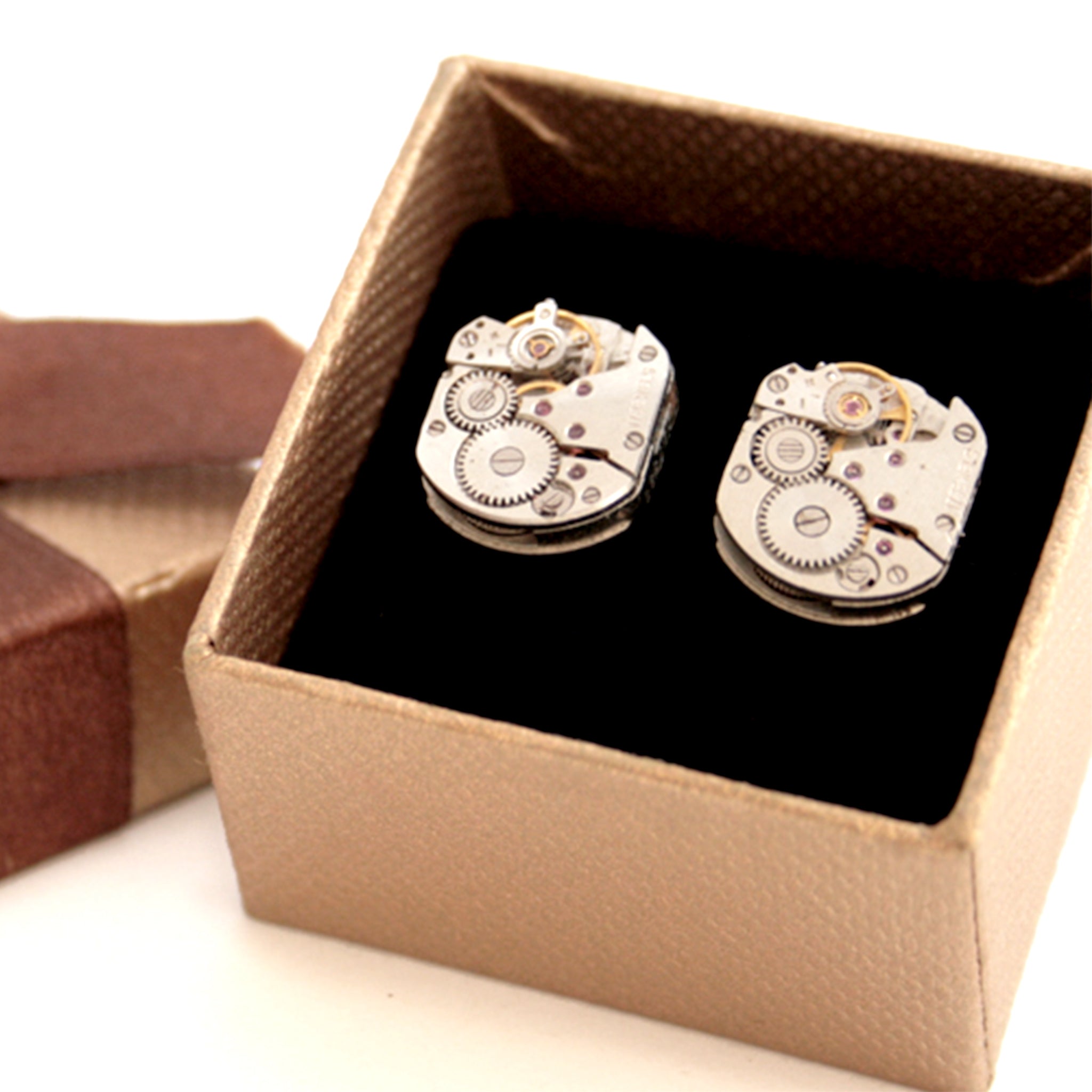 steampunk cufflinks for men featuring antique watch movements in presentation box