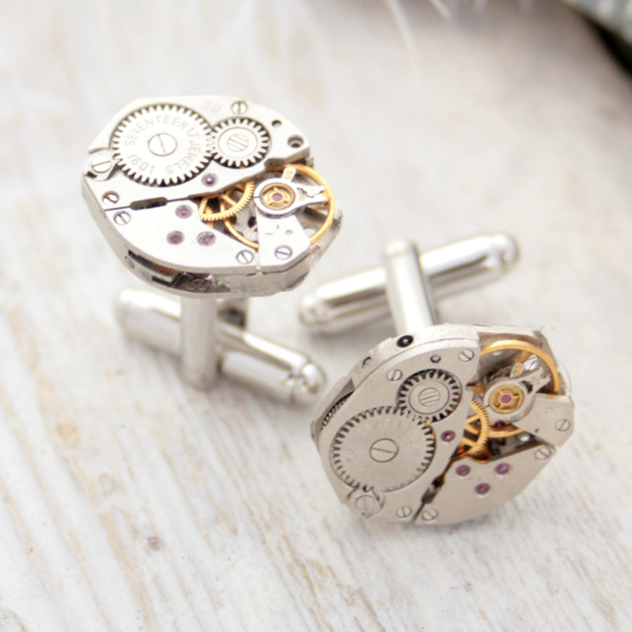 steampunk cufflinks for men featuring antique watch movements