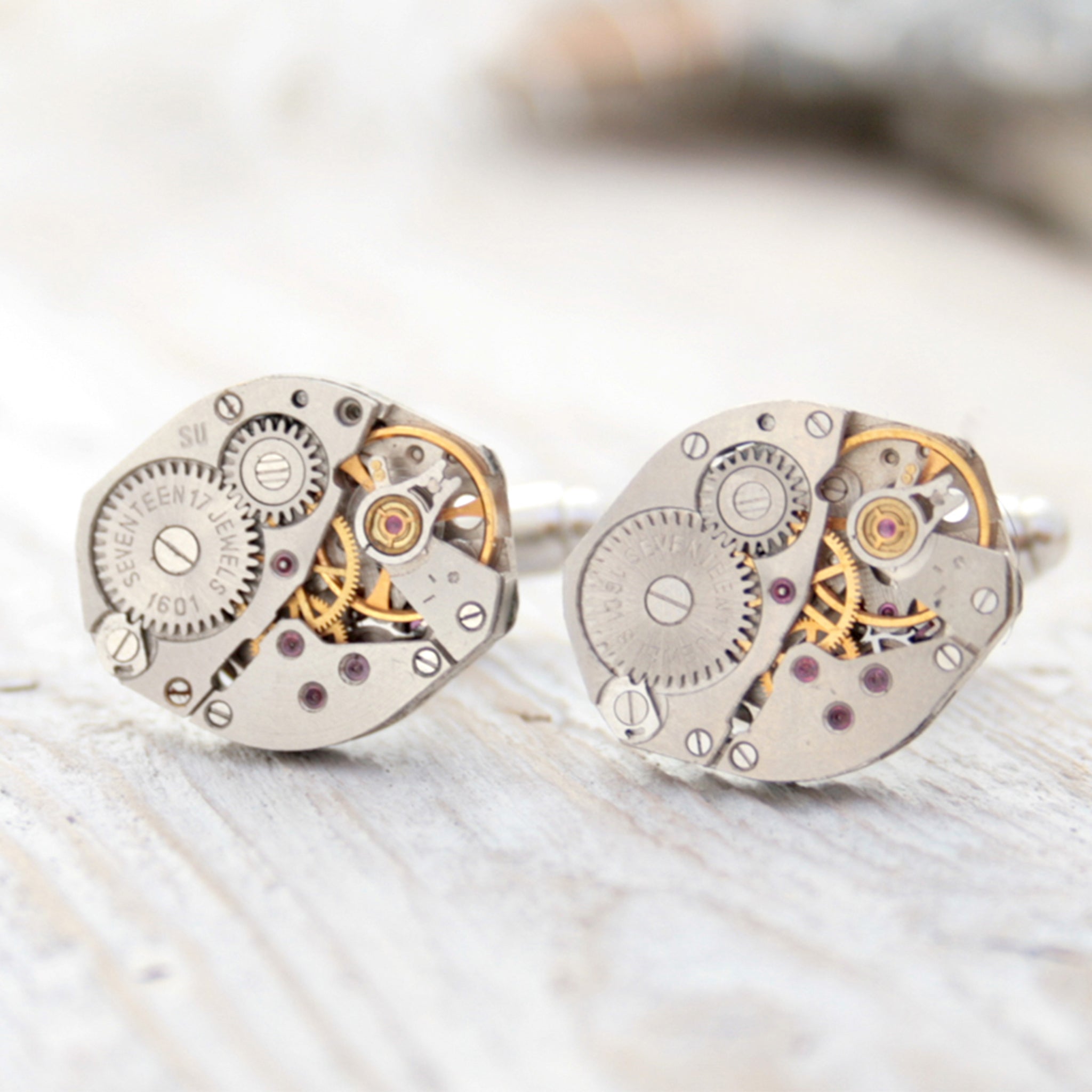 steampunk cufflinks for men featuring antique watch movements