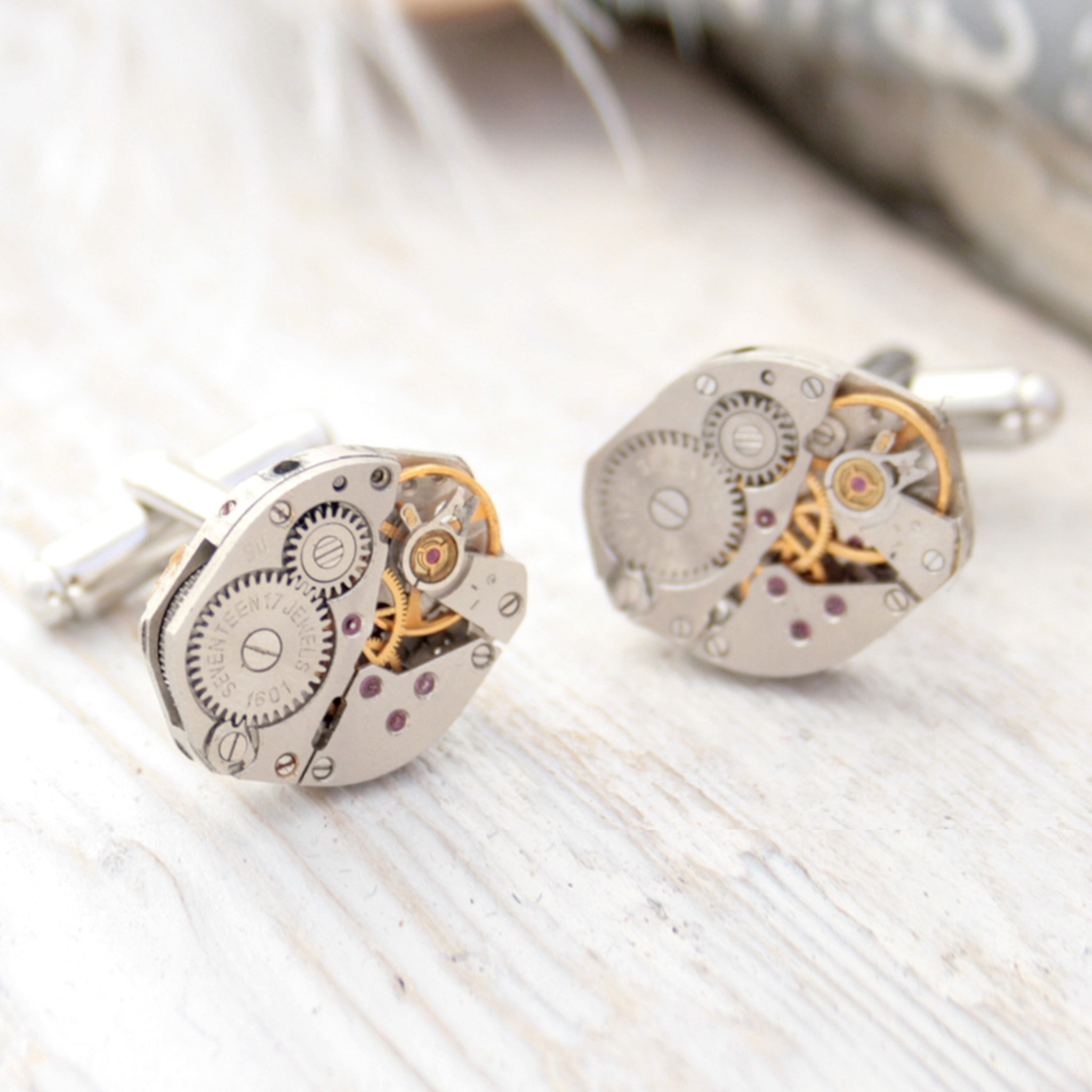 steampunk cufflinks for men featuring antique watch movements