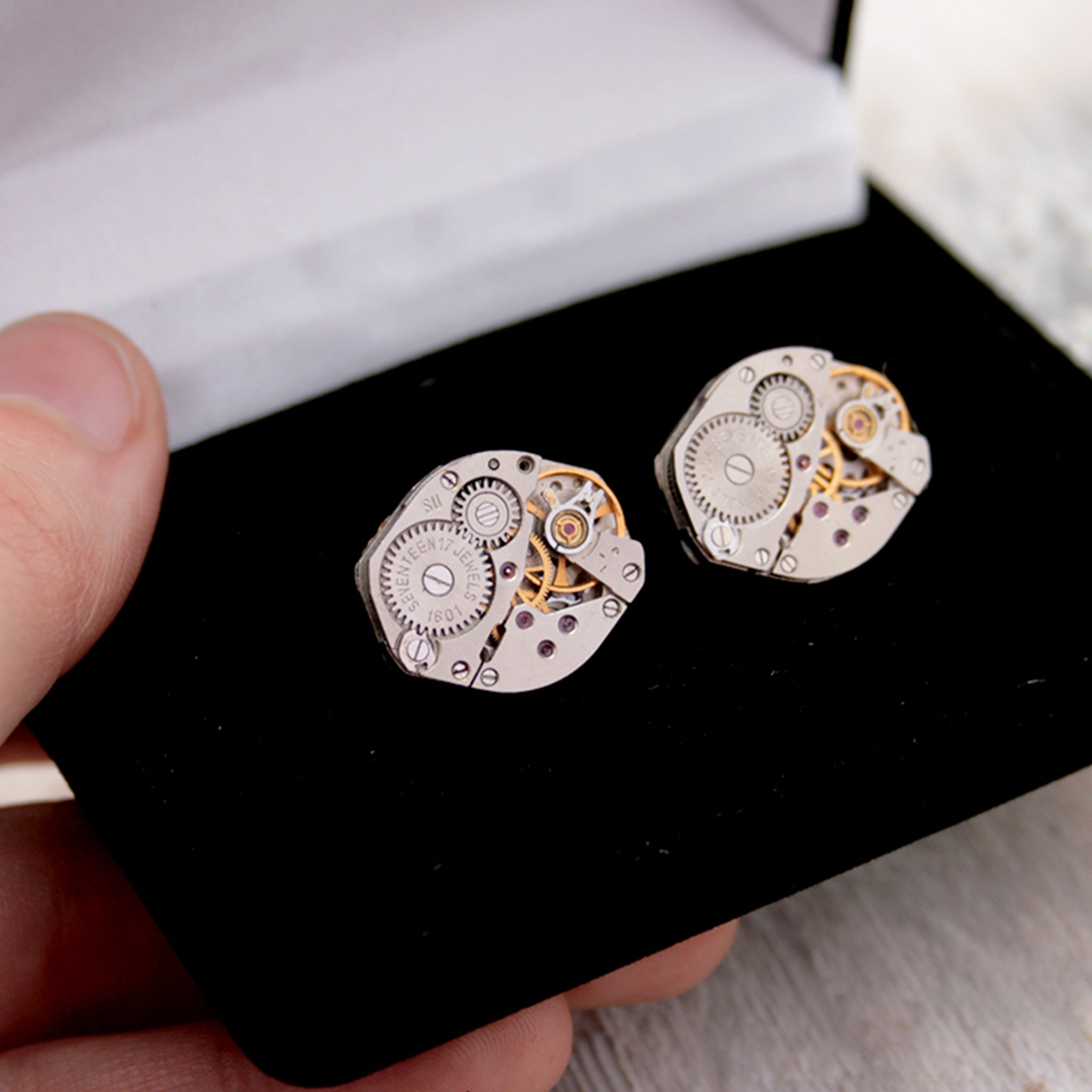 steampunk cufflinks for men featuring antique watch movements in black velour box