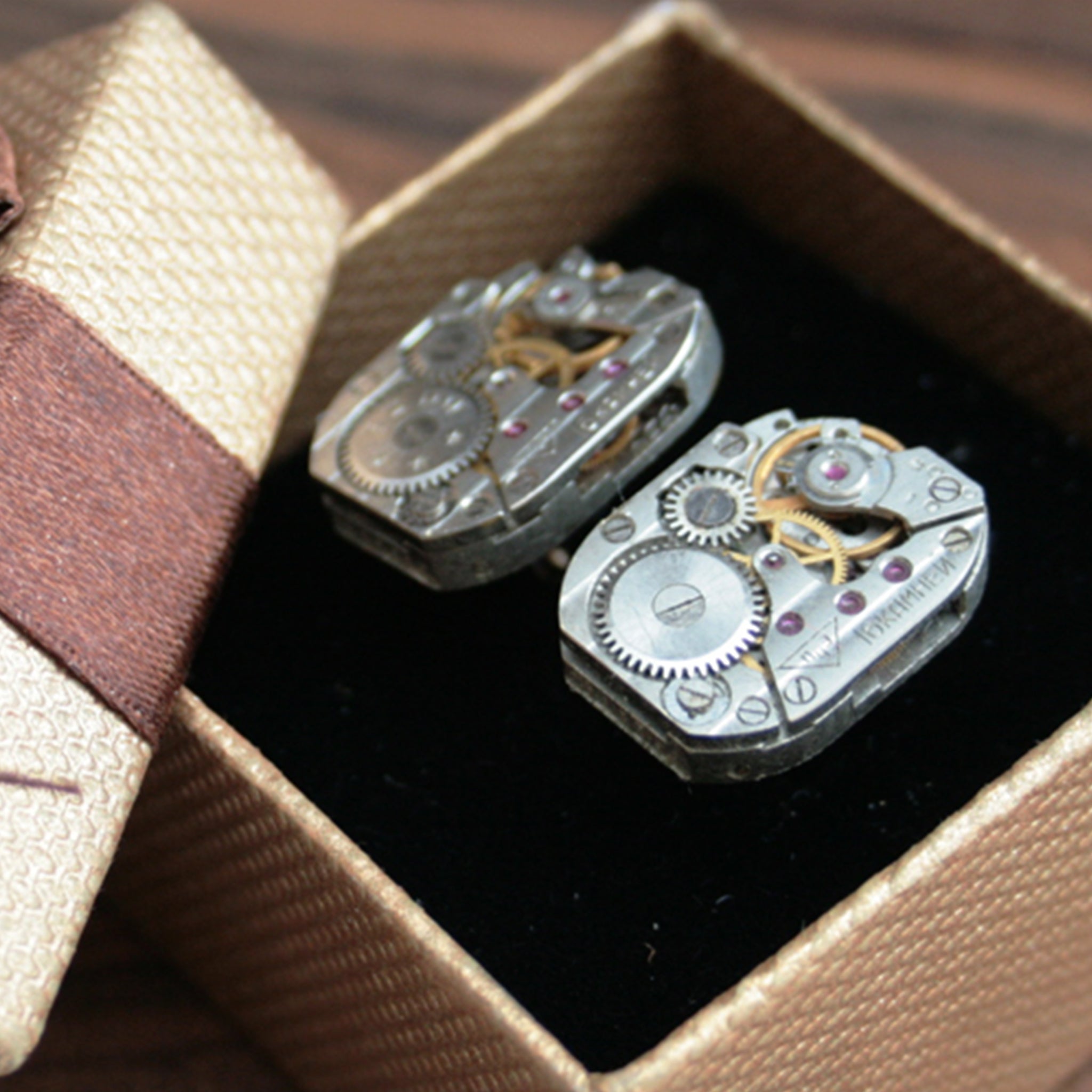 steampunk cufflinks for men featuring antique watch movements in lovely brown box