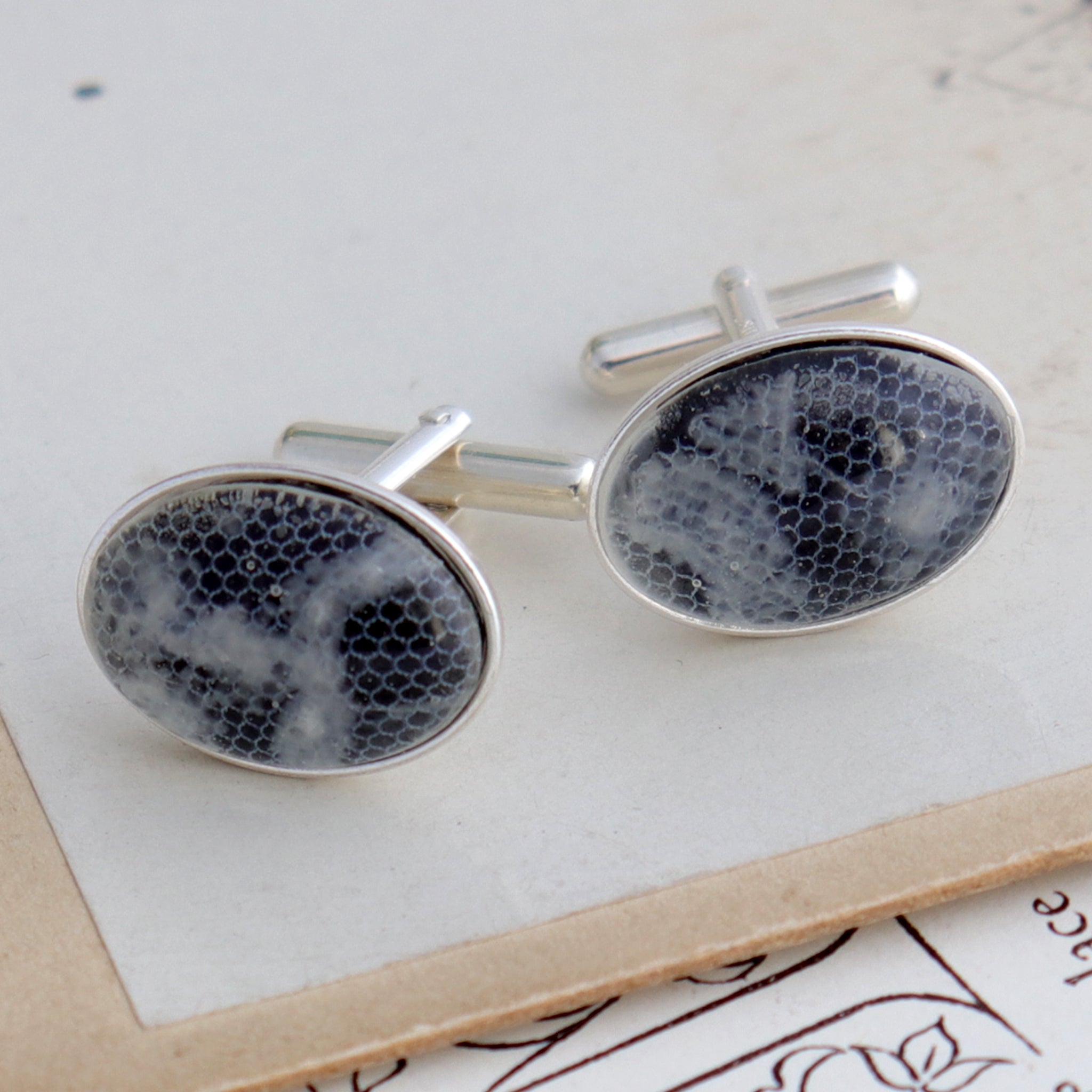 Sterling silver cufflinks with resin beads featuring lace from a bride's wedding dress
