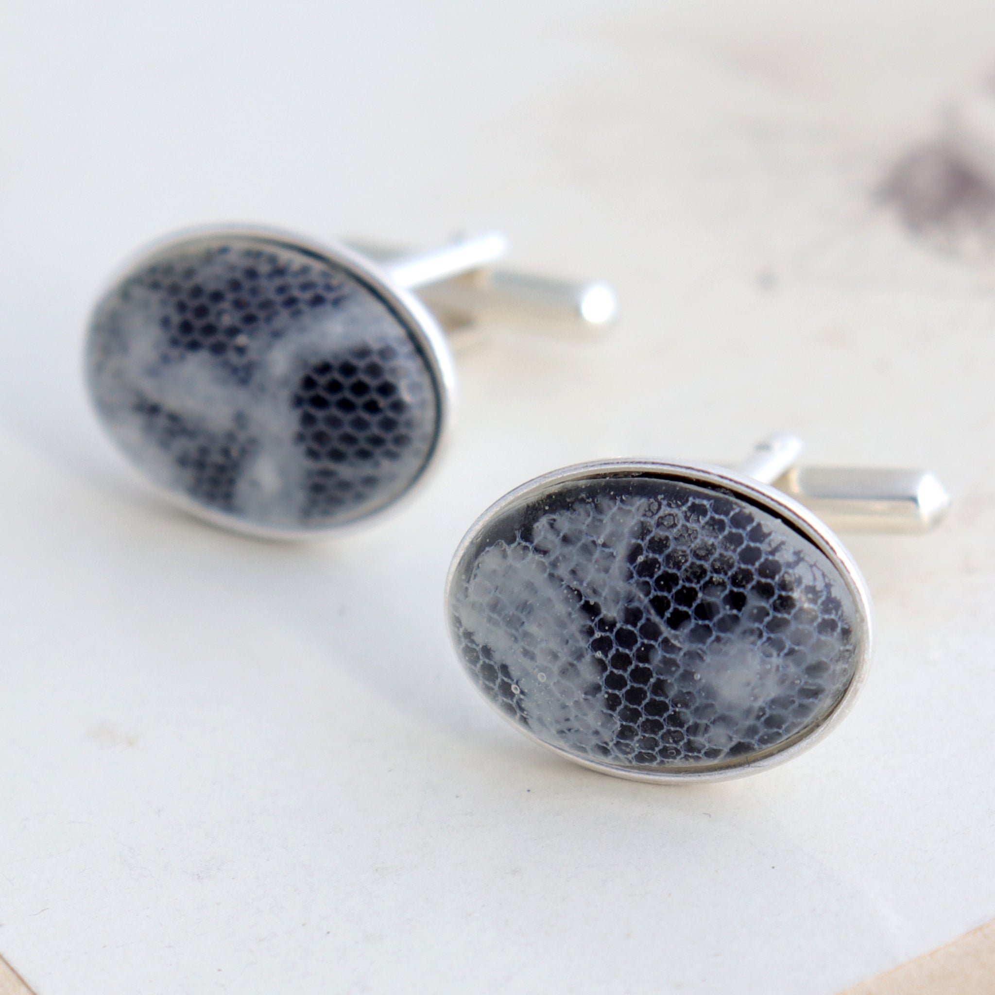 Sterling silver cufflinks with resin beads featuring lace from a bride's wedding dress