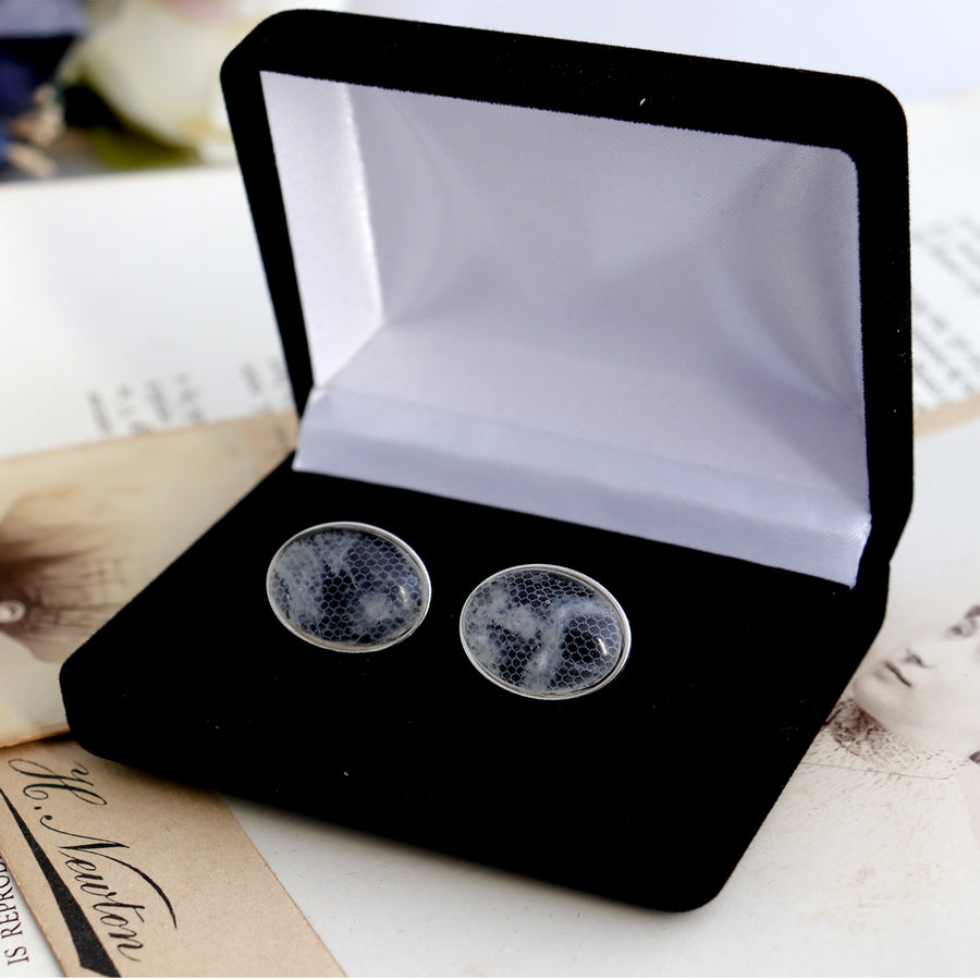 Sterling silver cufflinks with resin beads featuring lace from a bride's wedding dress