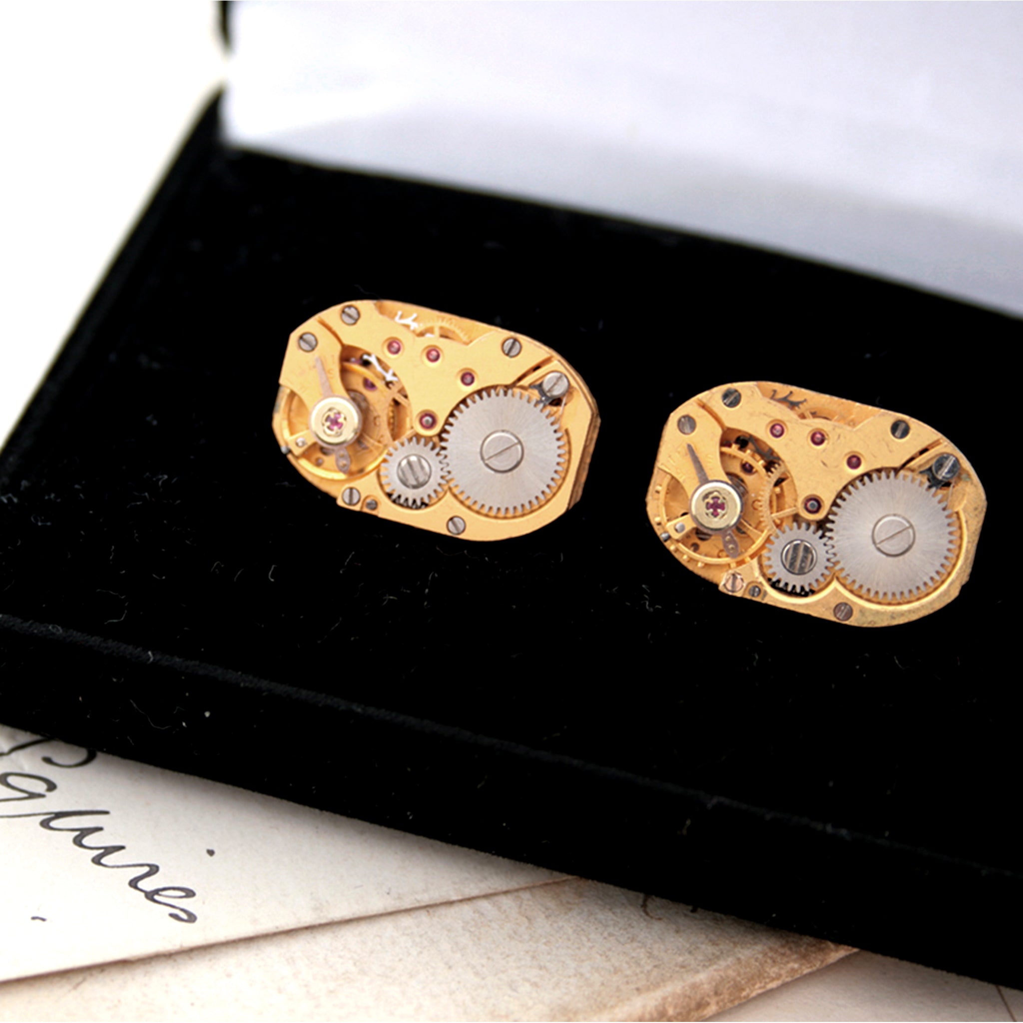 Watch Cufflinks in Gold Tone in Steampunk Style in a black velour box