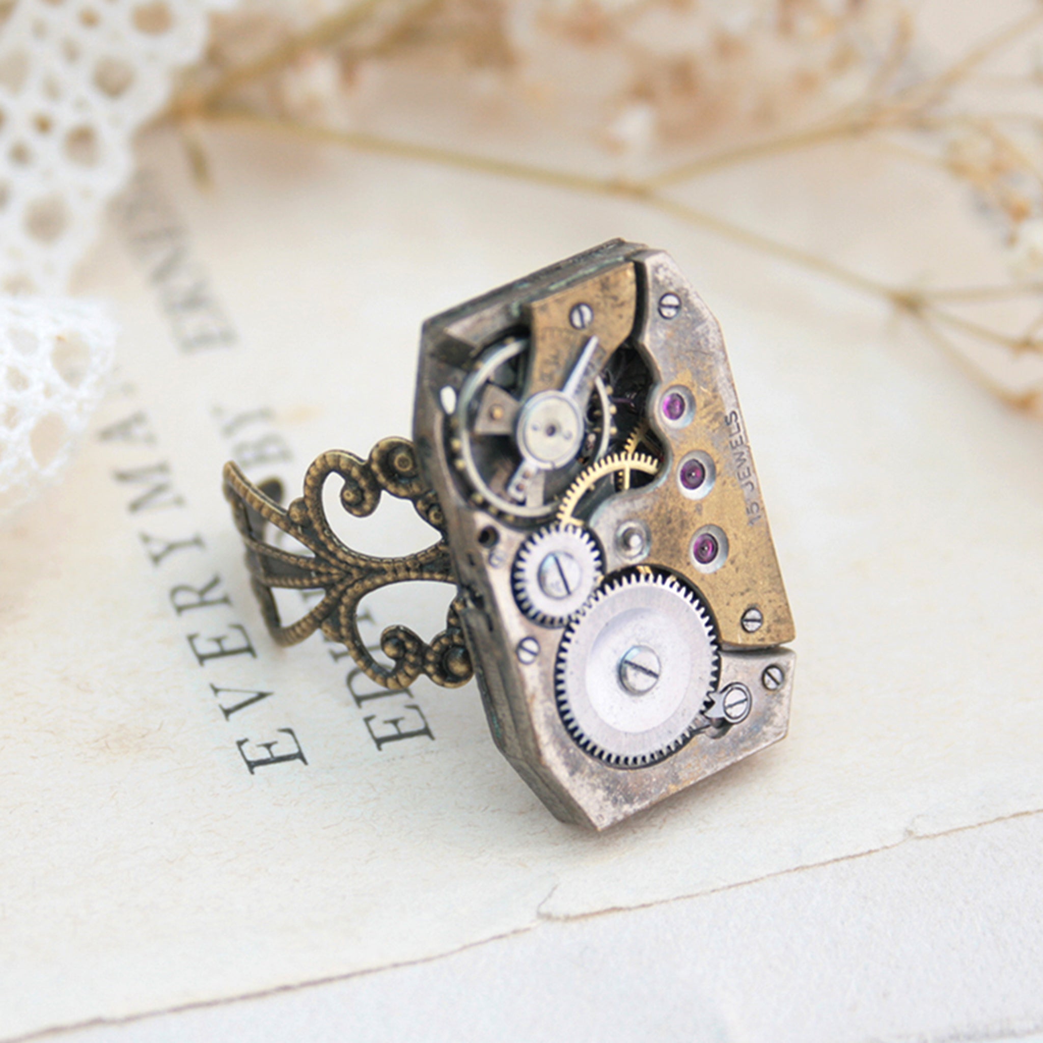 Rectangular Gothic Ring in Old Gold