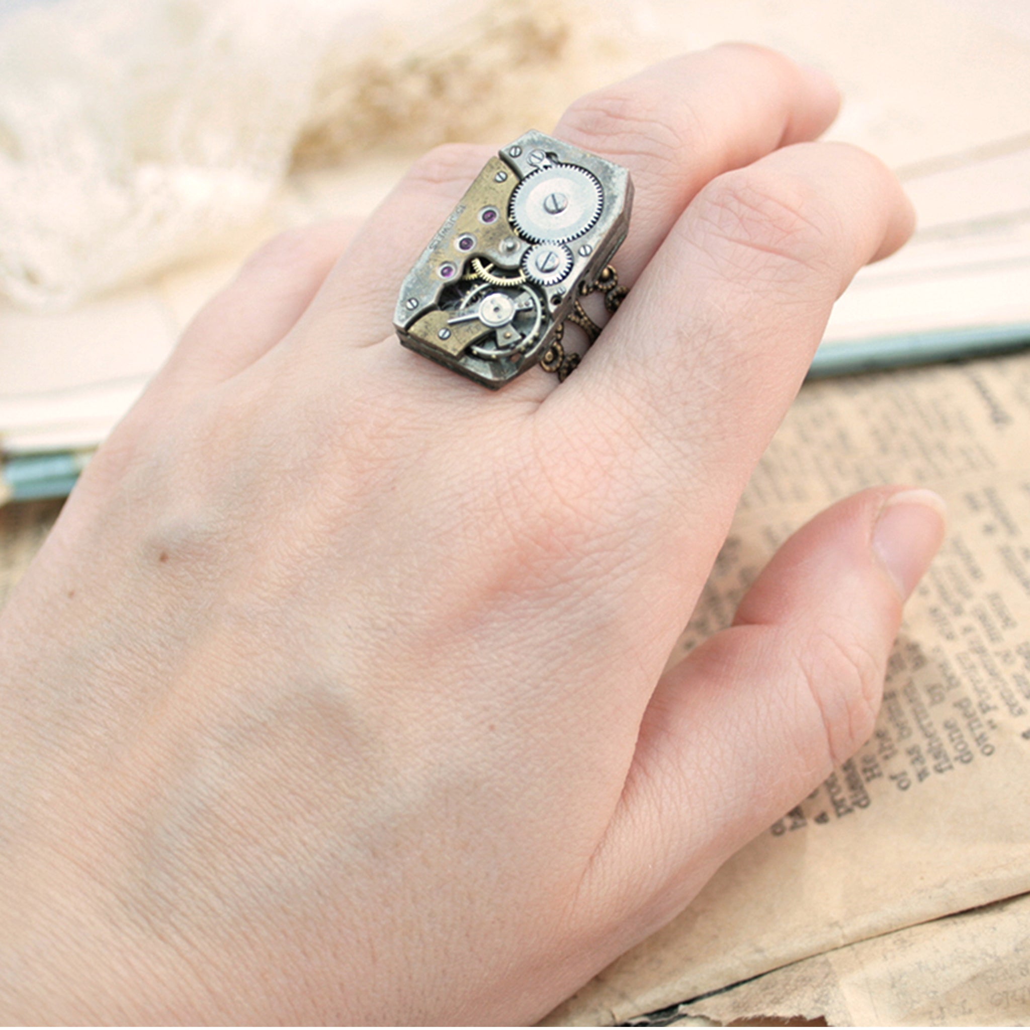 Rectangular Gothic Ring in Old Gold