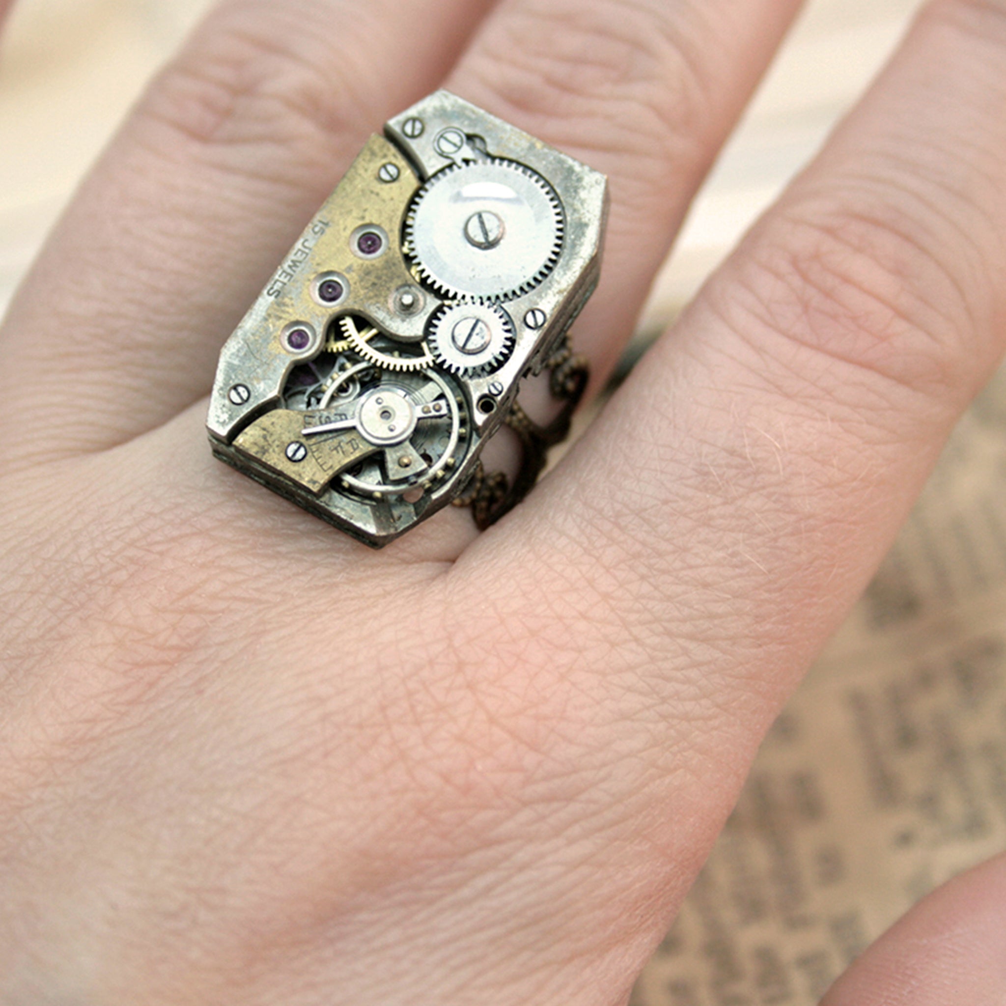Rectangular Gothic Ring in Old Gold