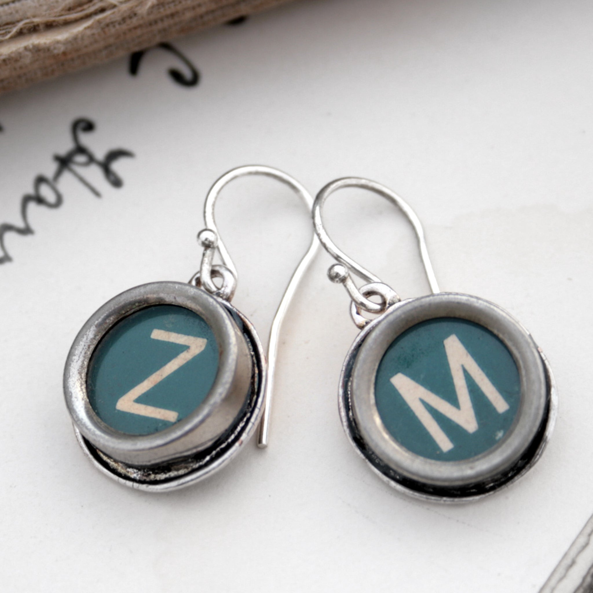 initial earrings made of authentic vintage typewriter keys Z and M in green color