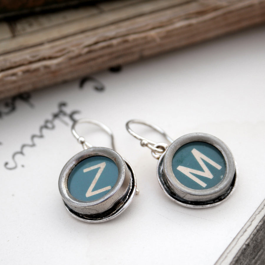 initial earrings made of authentic vintage typewriter keys Z and M in green color