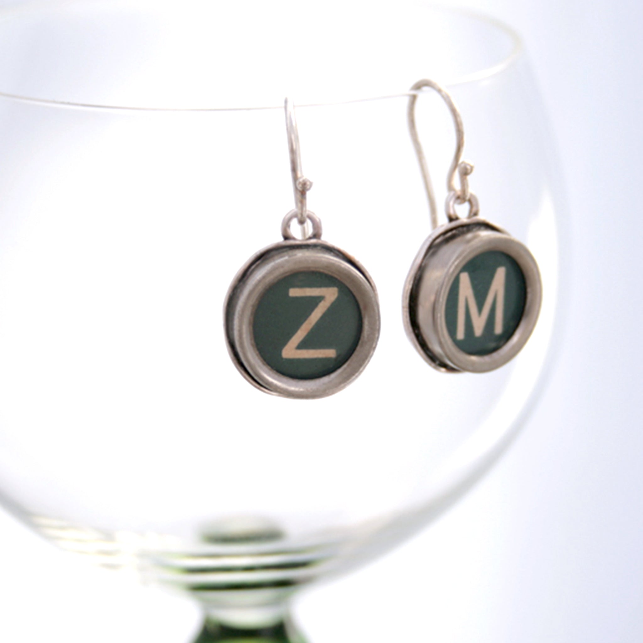 initial earrings made of authentic vintage typewriter keys Z and M in green color