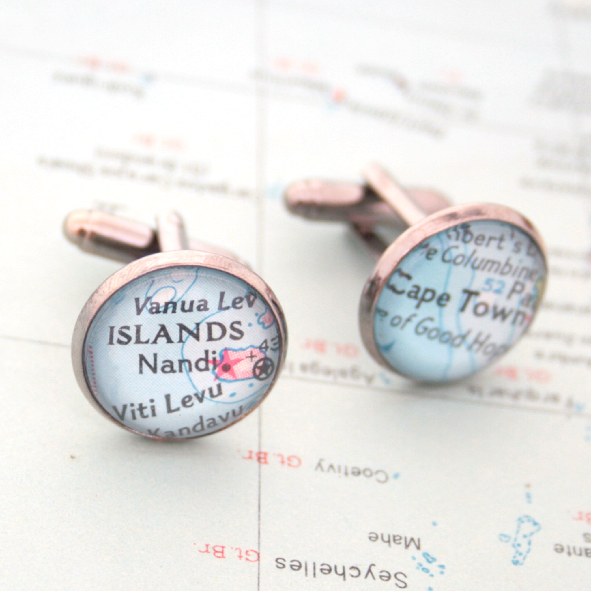 Personalised map cufflinks in gunmetal color featuring custom maps