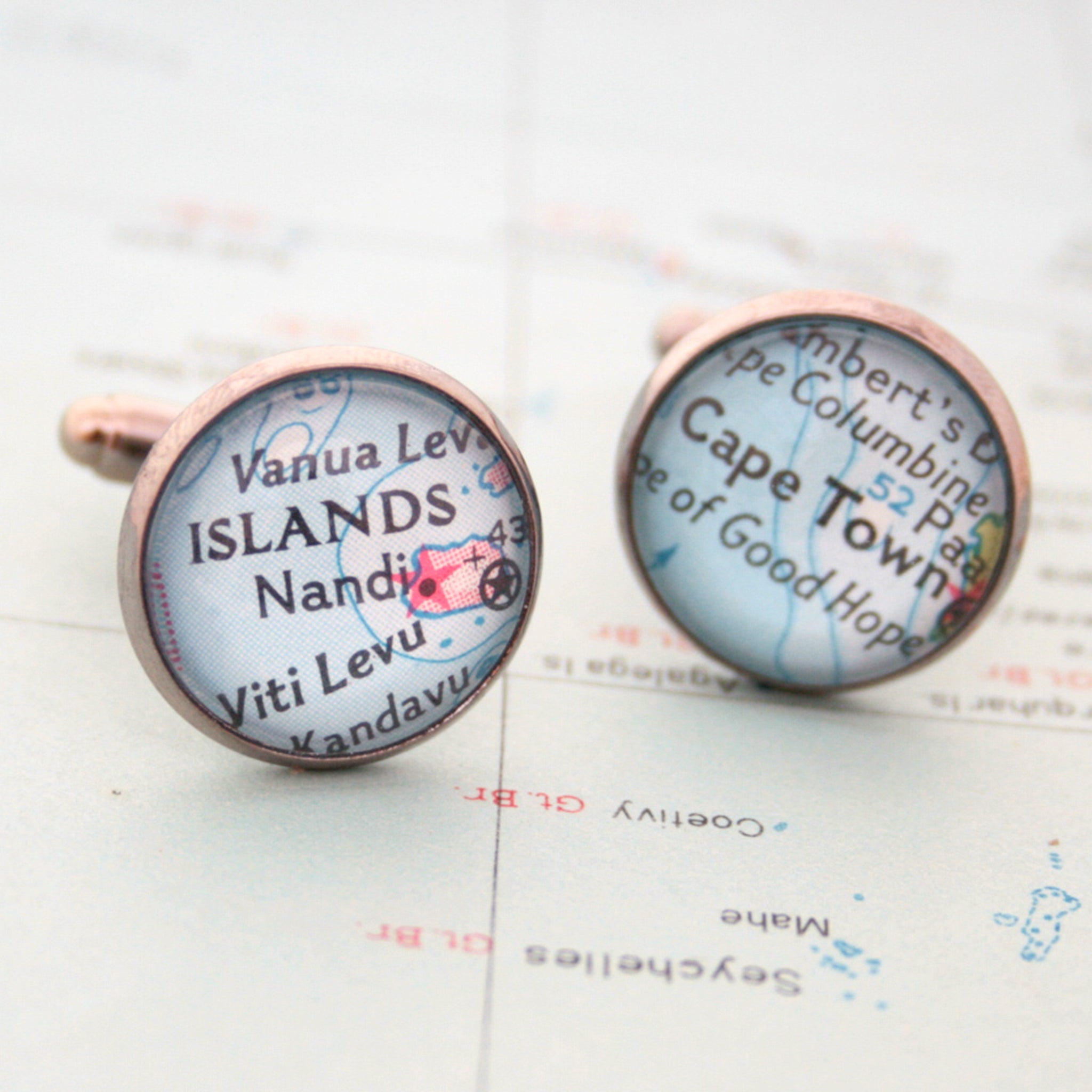 Personalised map cufflinks in gunmetal color featuring custom maps