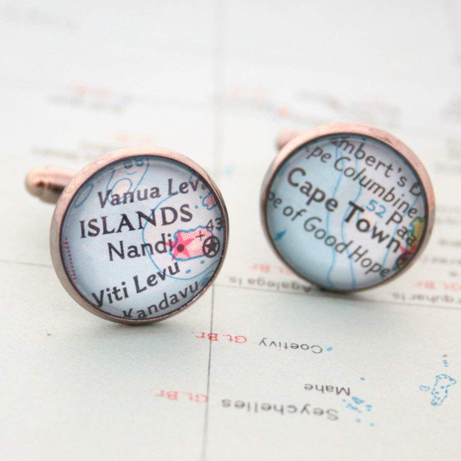 Personalised map cufflinks in gunmetal color featuring custom maps