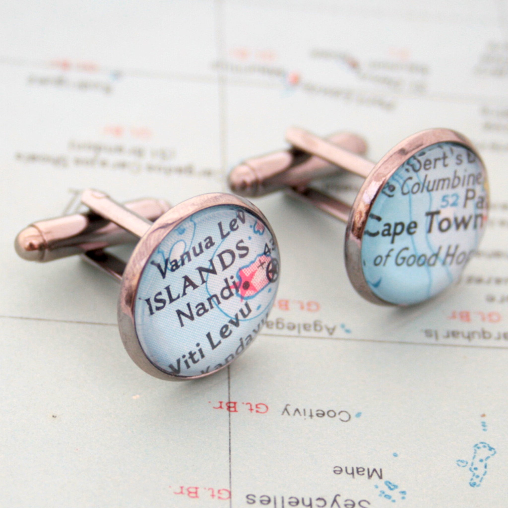 Personalised map cufflinks in gunmetal color featuring custom maps