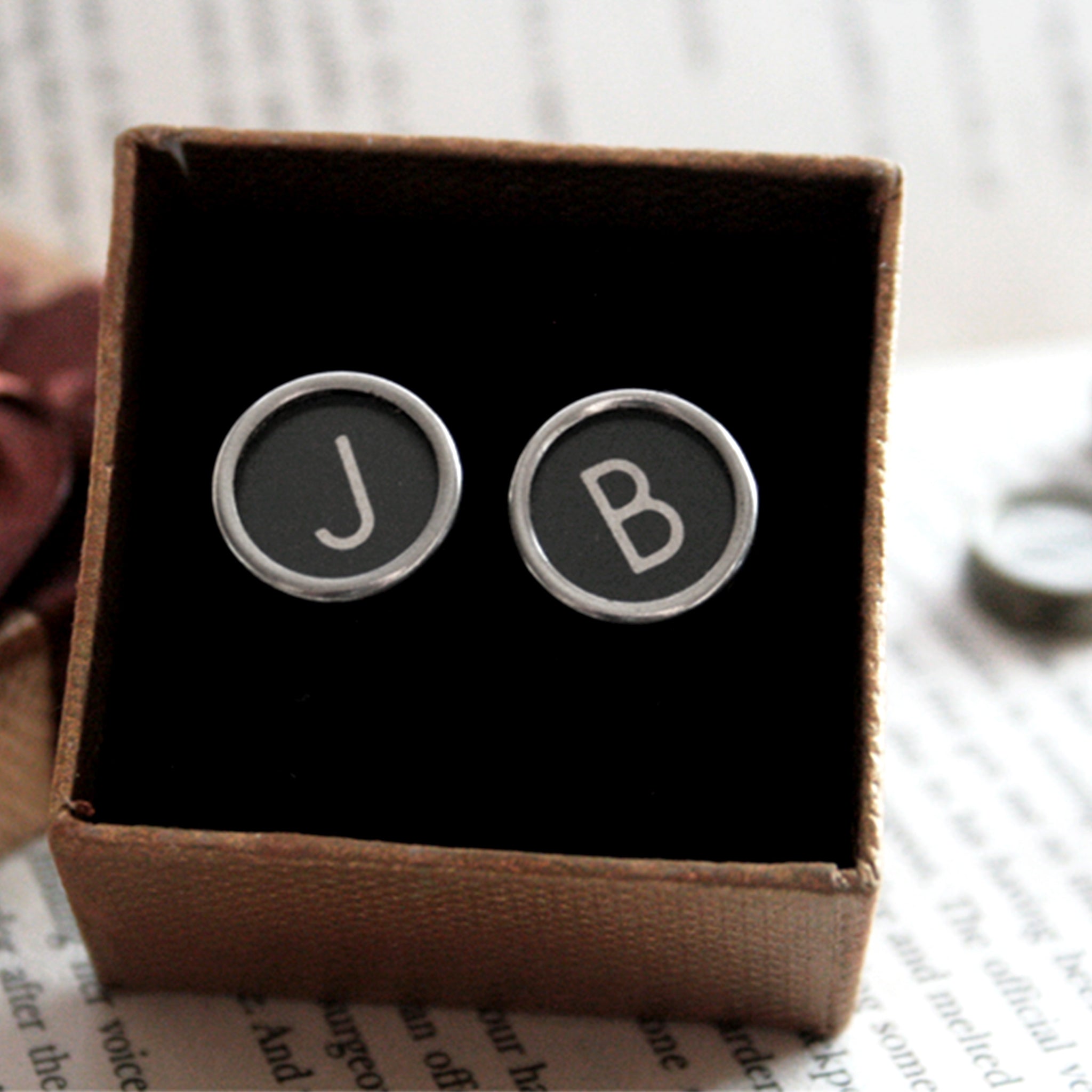 Black Personalised cufflinks with initials made of real typewriter keys J and B in a box
