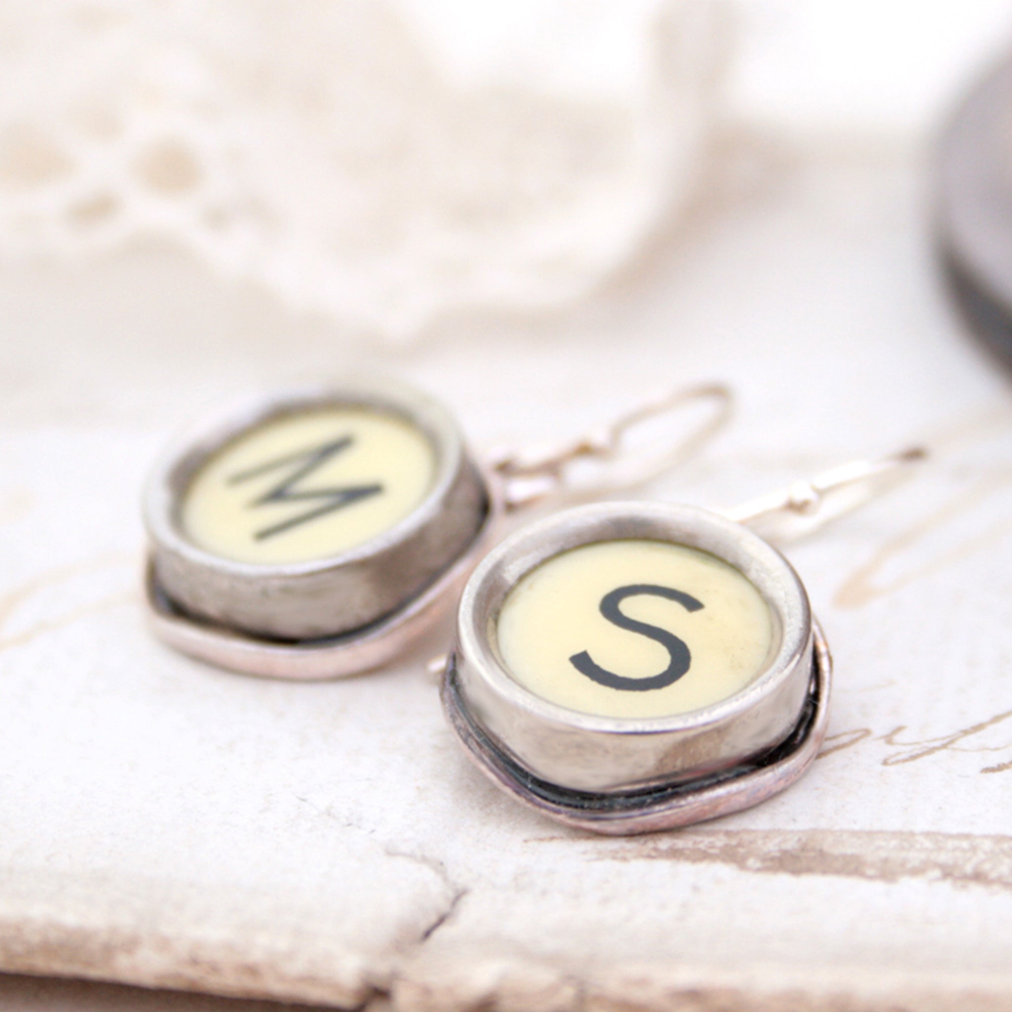 M and S Ivory Typewriter keys turned into initial earrings