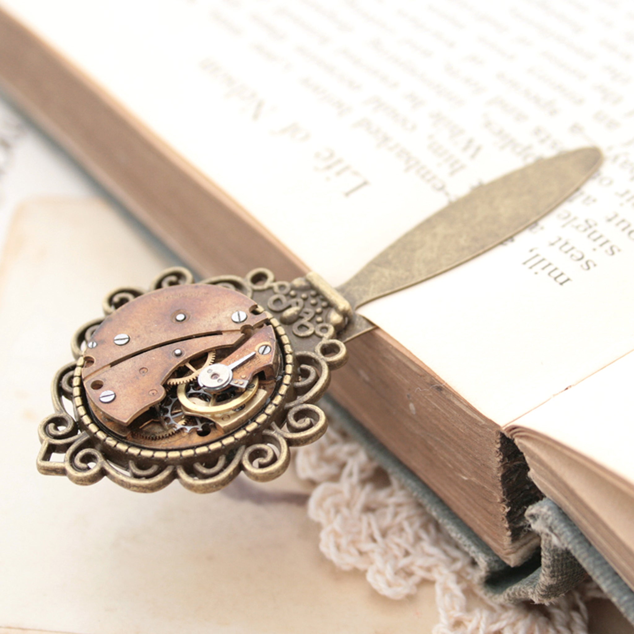 Bronze Bookmark with Watch Movement