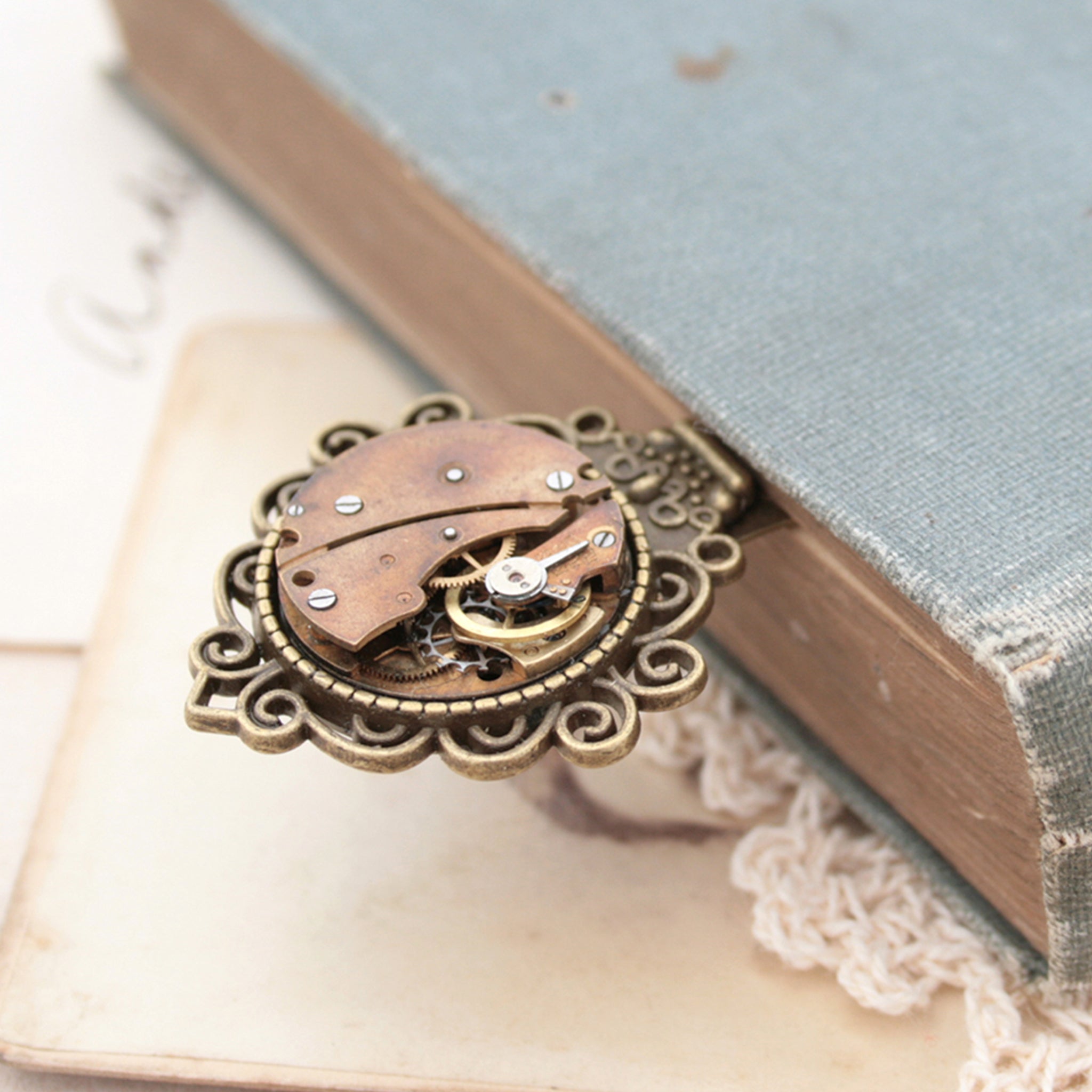 Bronze Bookmark with Watch Movement