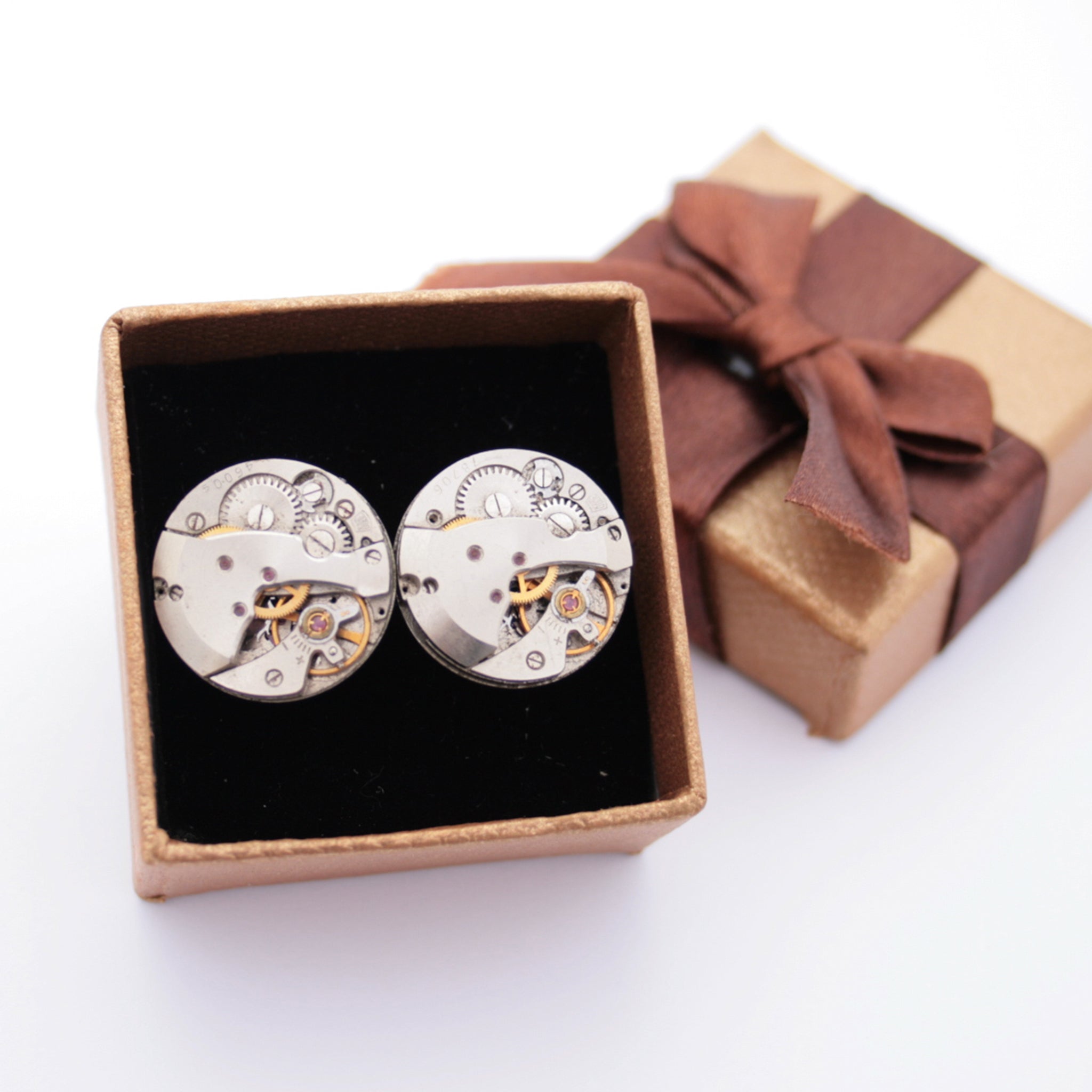 Steampunk Cufflinks for Men made of real watches in brown presentation box with a bow
