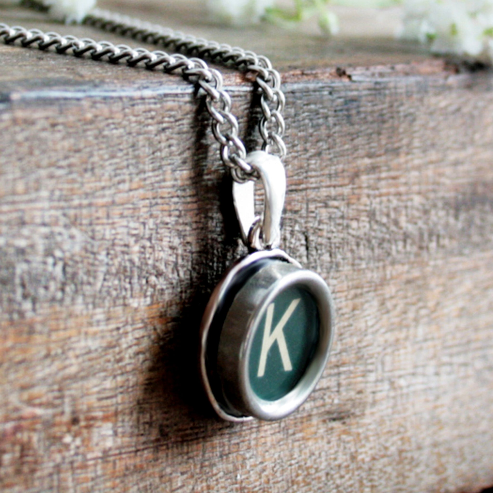 Green K letter necklace made of real typewriter key