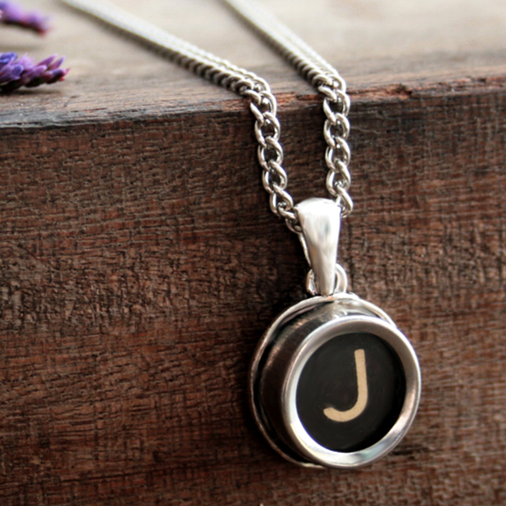 J initial necklace made of authentic vintage black typewriter key