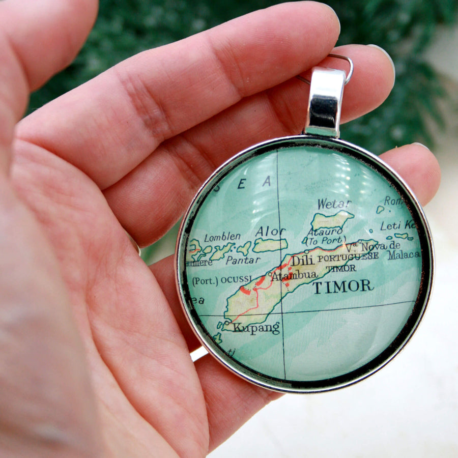 Timor Map Christmas Tree Ornament in silver tone