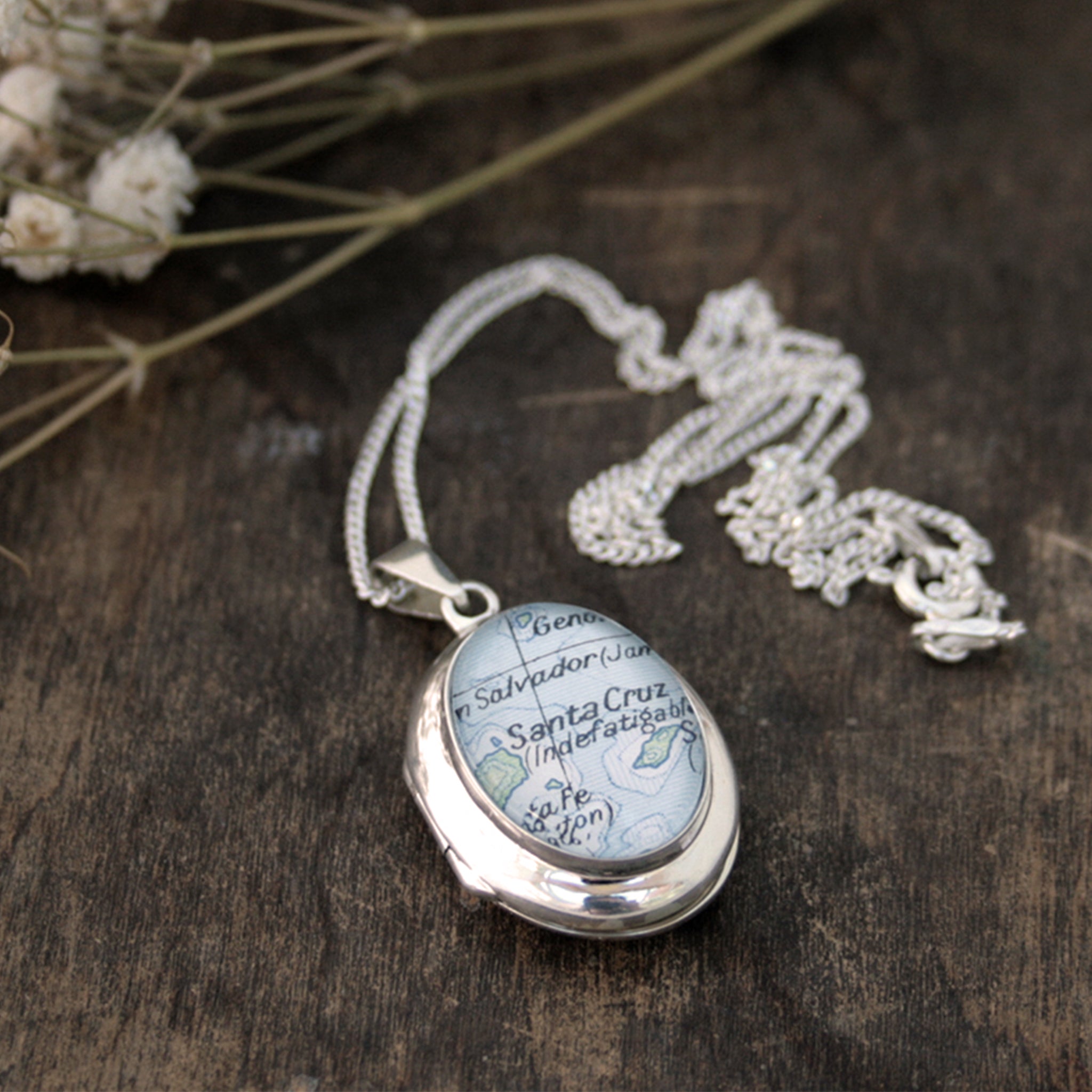 Sterling Silver locket necklace featuring map of Santa Cruz