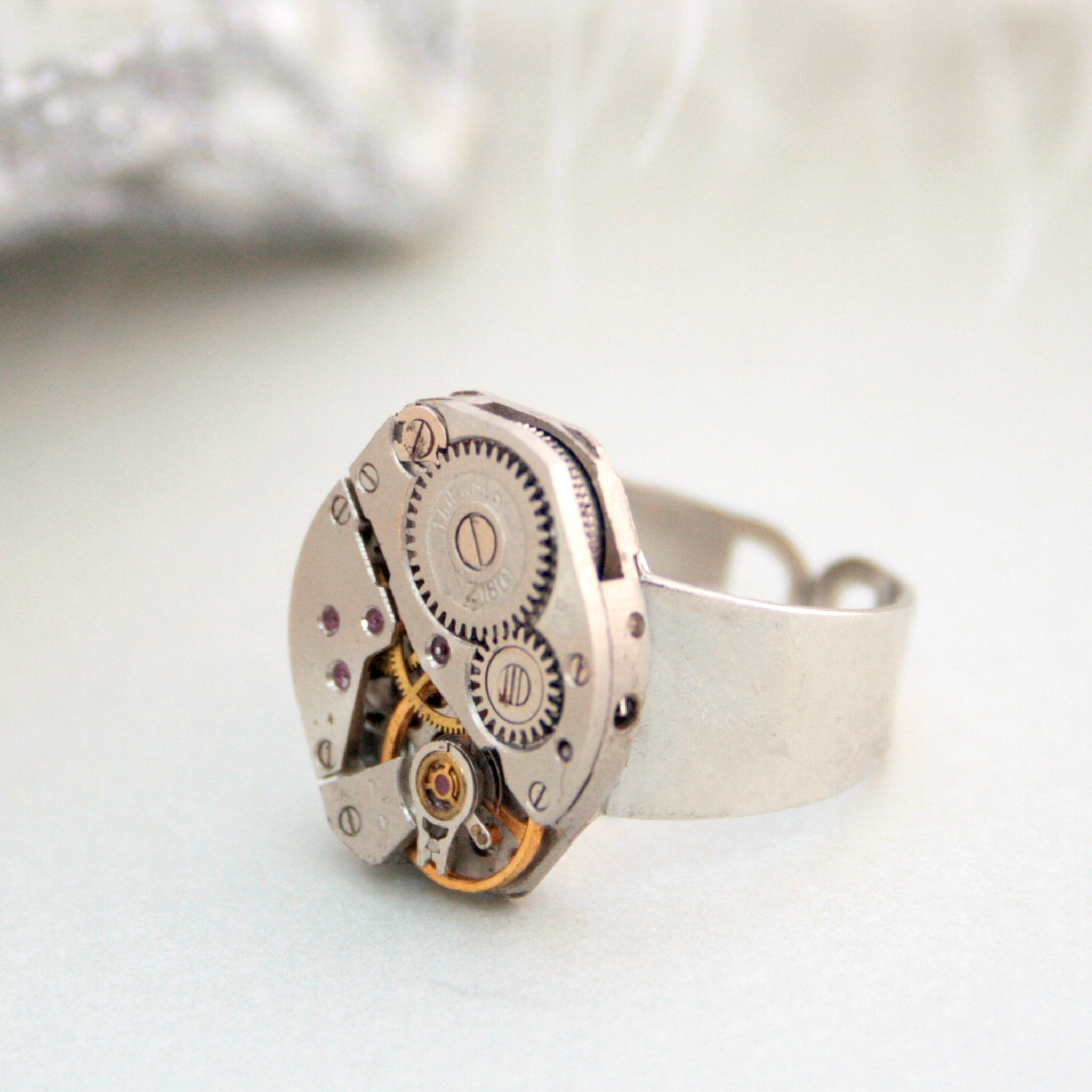 steampunk signet ring has been made using vintage Russian watch movement