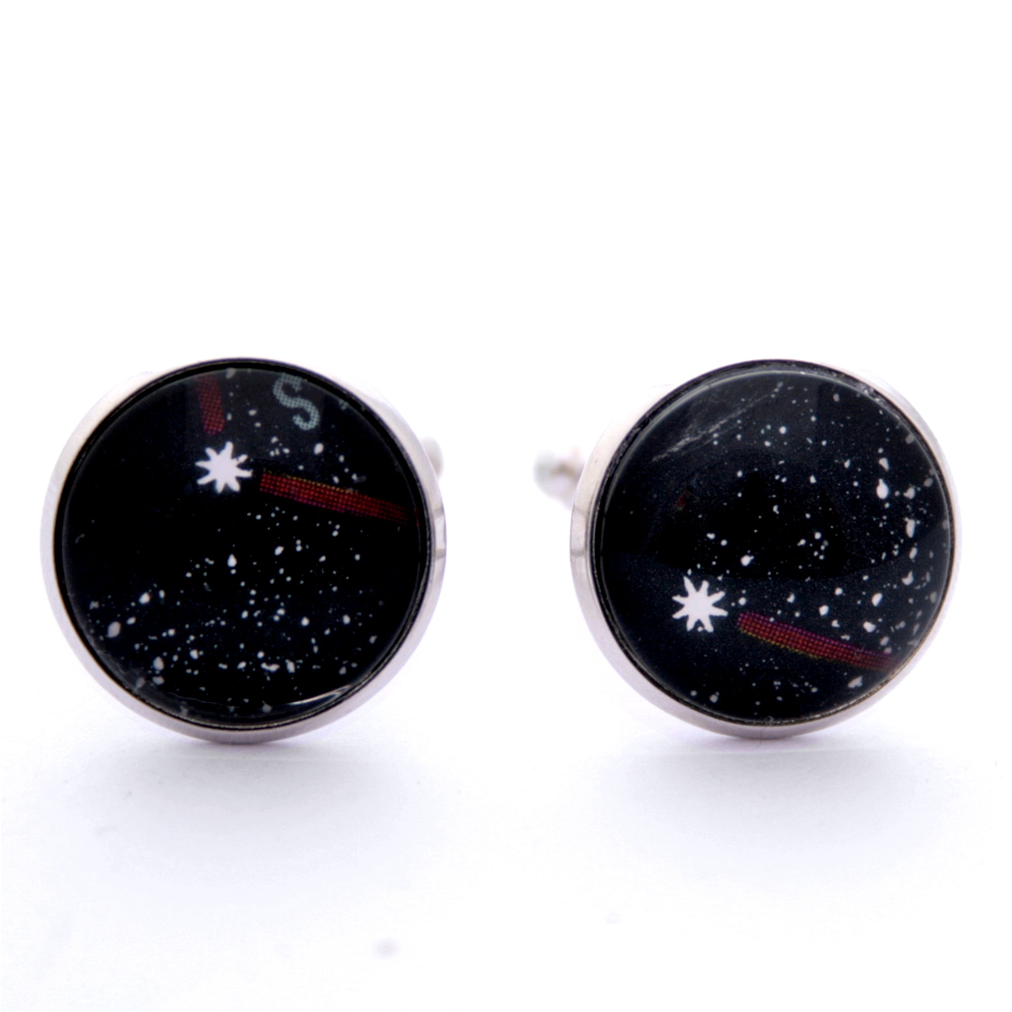 Black cufflinks on silver blanks featuring stars