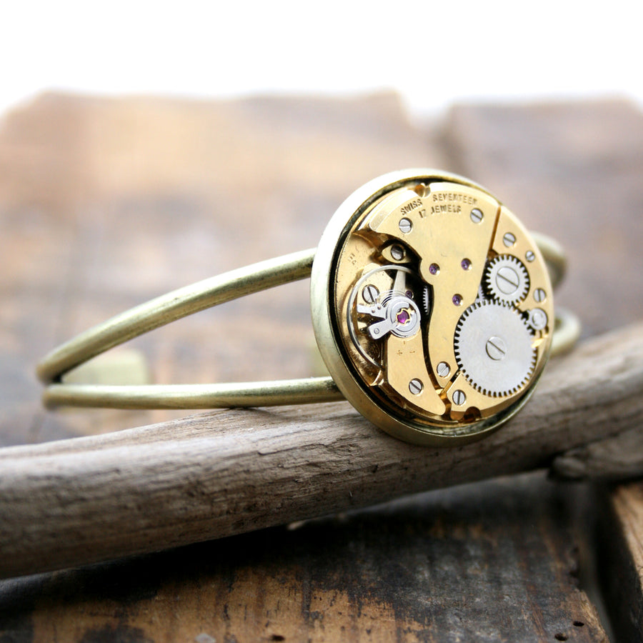 Gold Bangle Bracelet with steampunk watch movement