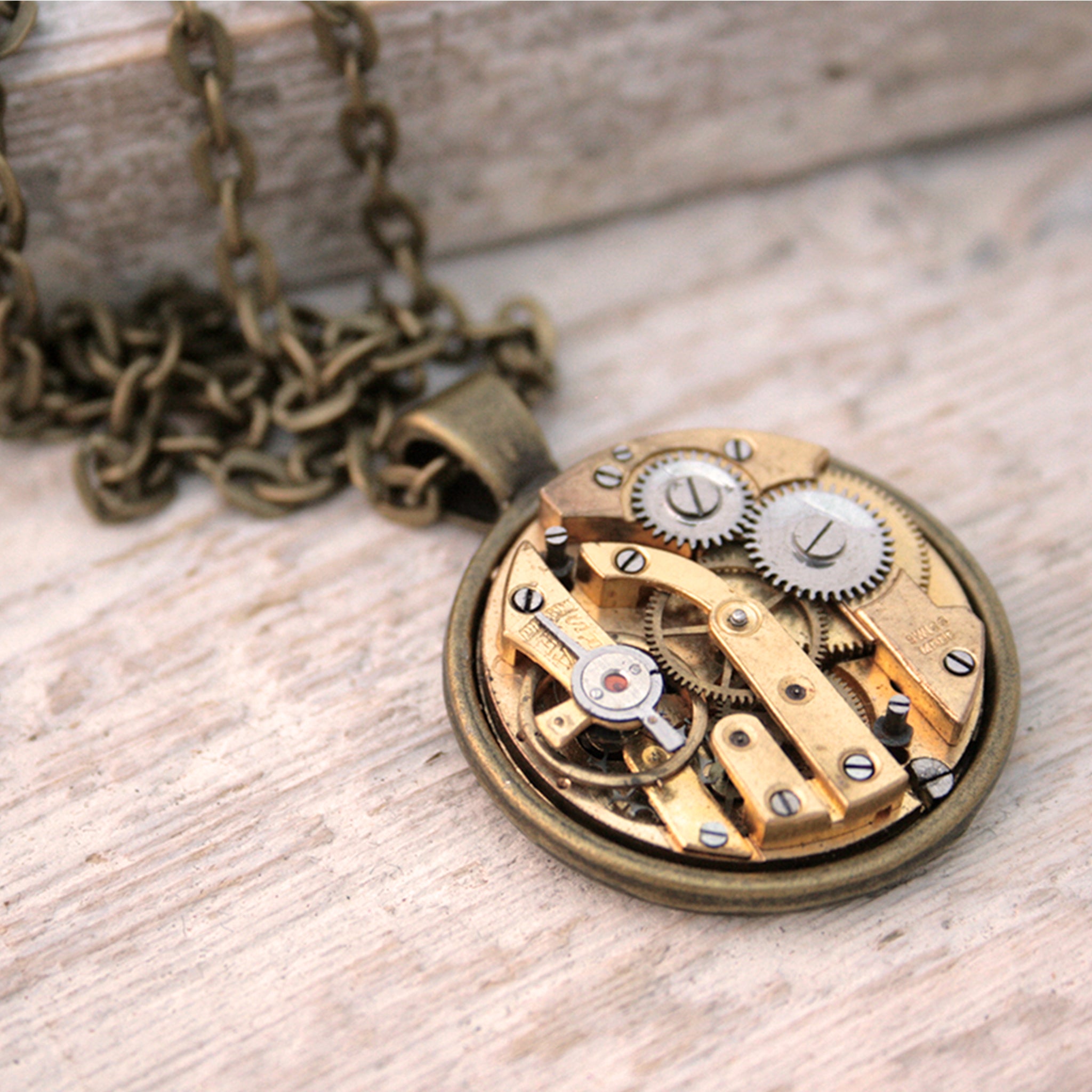 Steampunk Statement Necklace with Gold tone watch movement