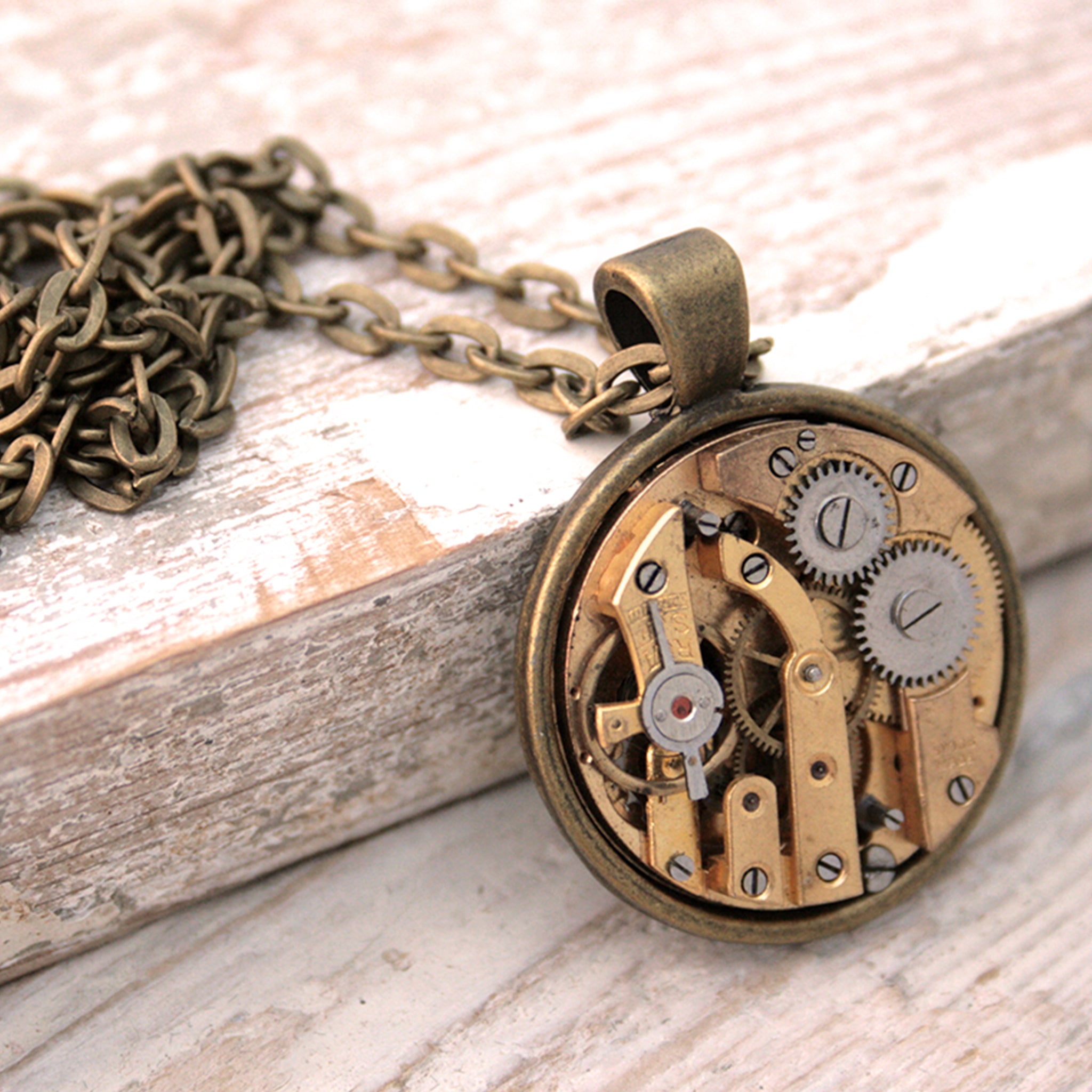 Steampunk Statement Necklace with Gold tone watch movement