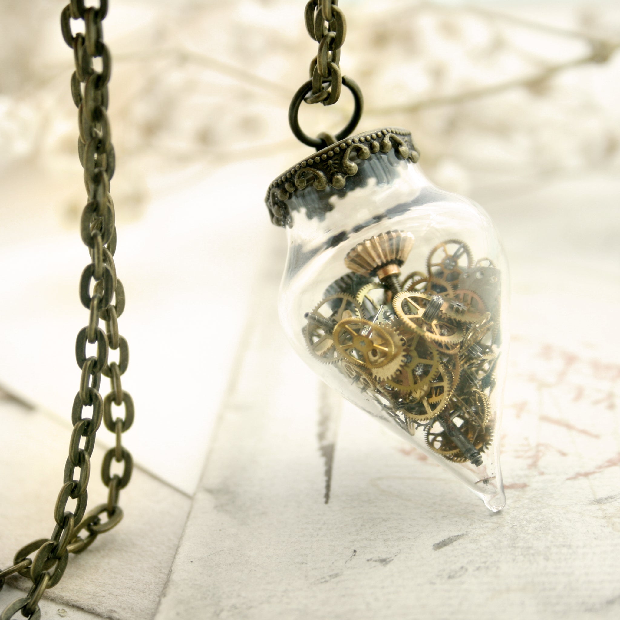steampunk time capsule, terrarium pendant necklace made of glass in conical shape