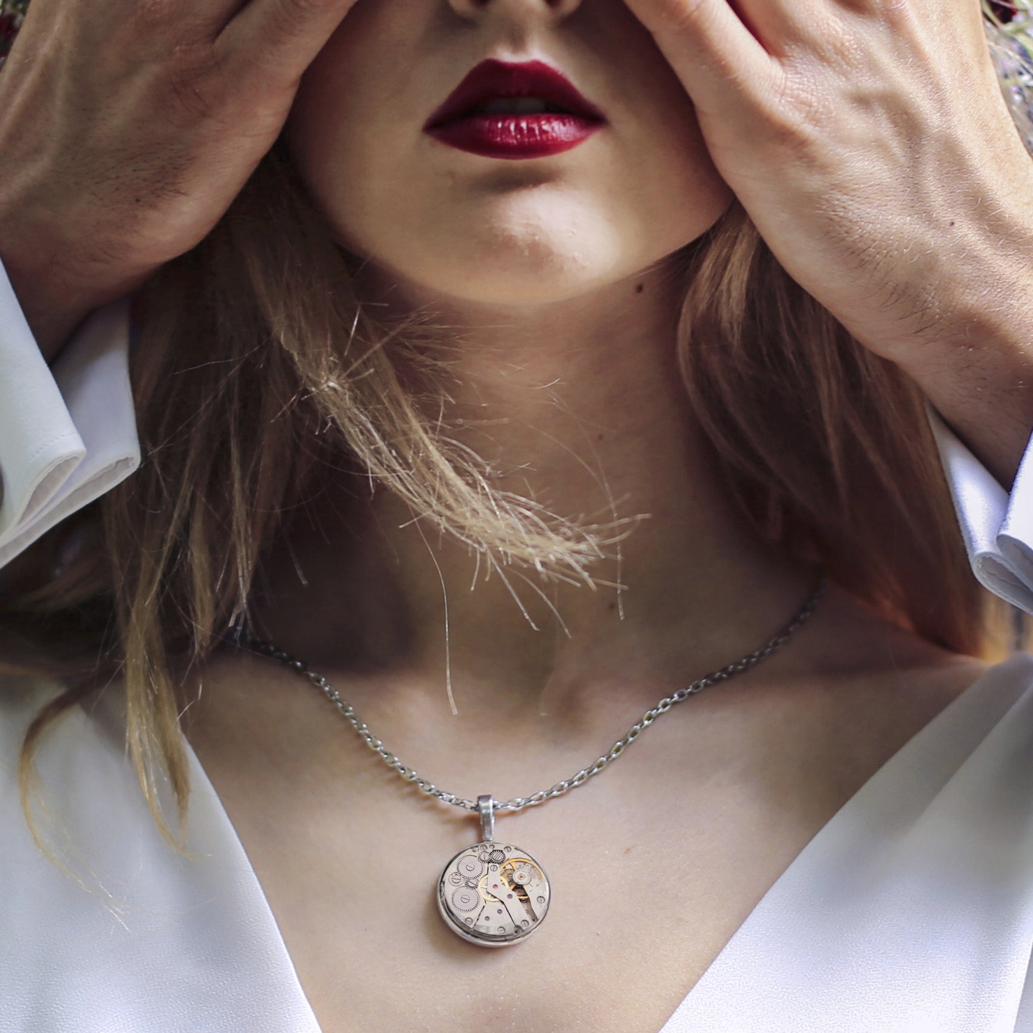 Unique Steampunk Pendant Necklace on a model
