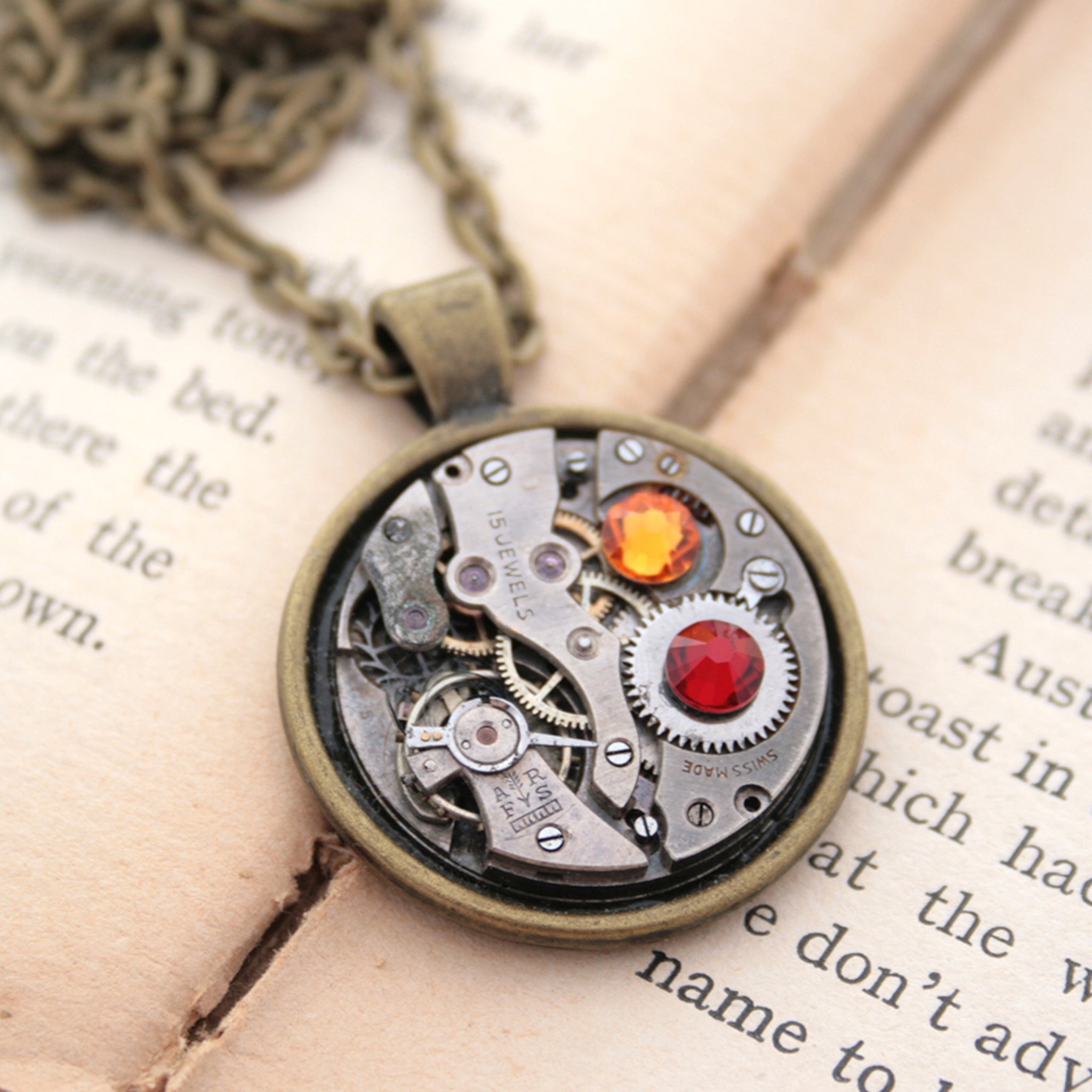 Dark academia necklace made of watch mechanism and Swarovski crystals