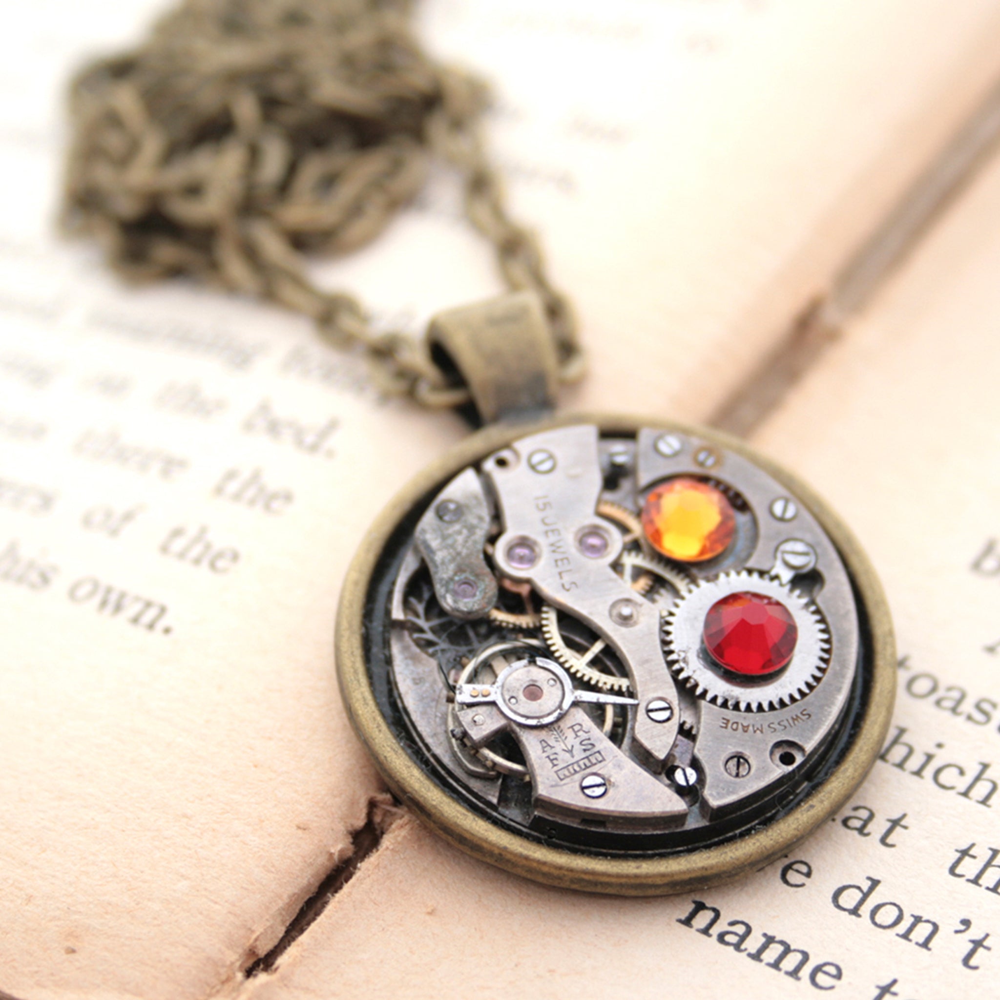 Dark academia necklace made of watch mechanism and Swarovski crystals